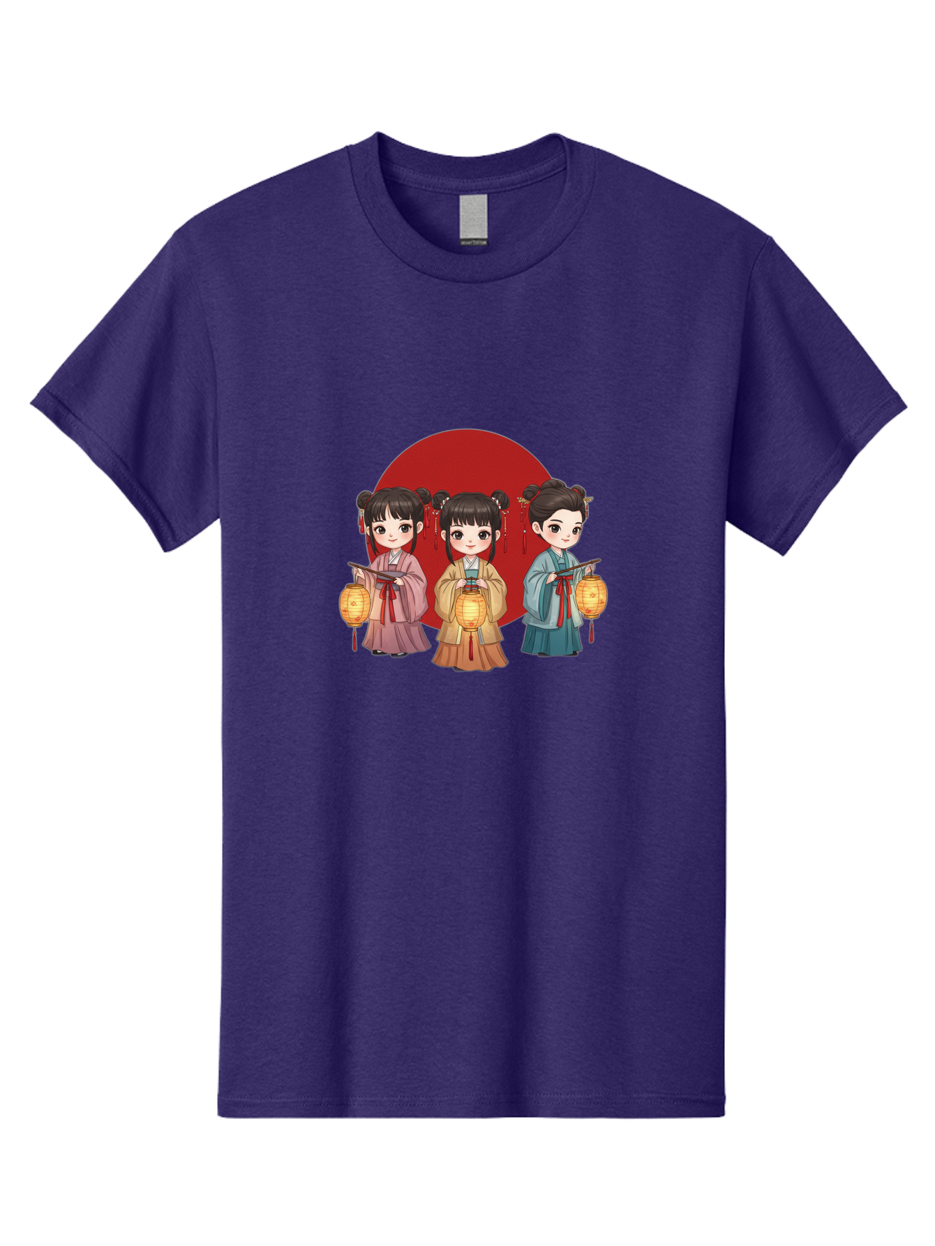 Three-Girls-With-Lanterns Men'S Graphic Tee, 100% Cotton, Comfortable Casual Summer Wear, Machine Washable, Traditional Chinese Clothing, Young Girls, Lanterns, Festive Atmosphere, Cultural Heritage, Red Circle, Chinese New Year, Celebration, Bad838