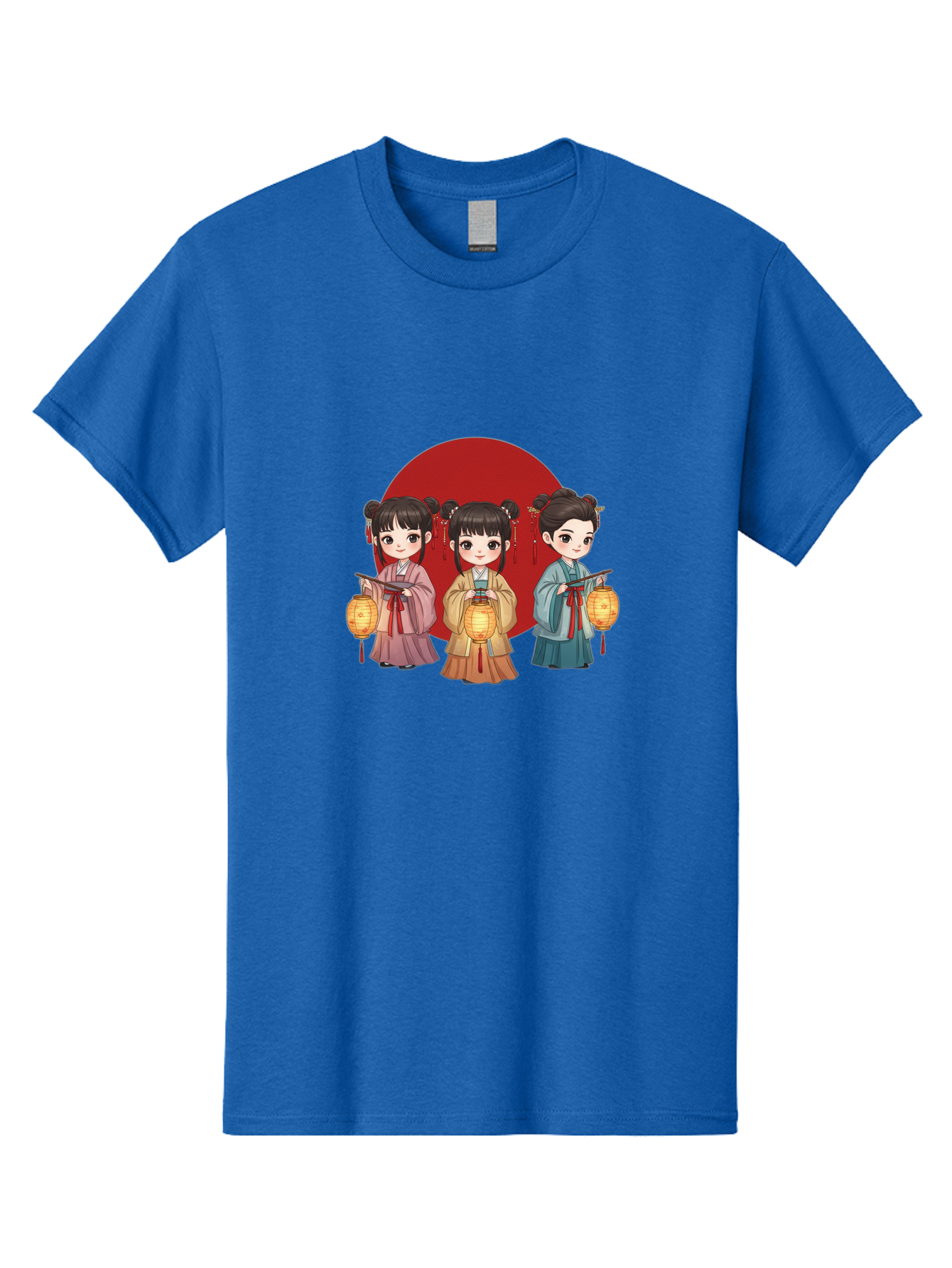 Three-Girls-With-Lanterns Men'S Graphic Tee, 100% Cotton, Comfortable Casual Summer Wear, Machine Washable, Traditional Chinese Clothing, Young Girls, Lanterns, Festive Atmosphere, Cultural Heritage, Red Circle, Chinese New Year, Celebration, Bad838
