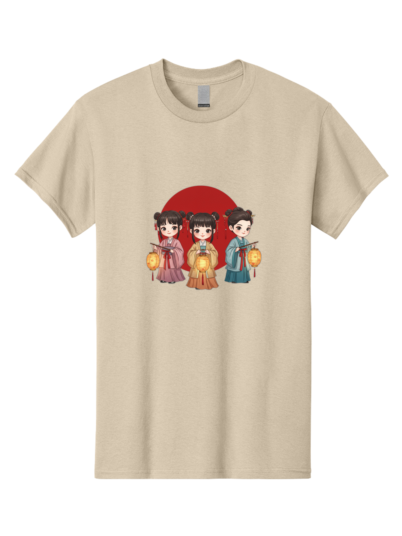 Three-Girls-With-Lanterns Men'S Graphic Tee, 100% Cotton, Comfortable Casual Summer Wear, Machine Washable, Traditional Chinese Clothing, Young Girls, Lanterns, Festive Atmosphere, Cultural Heritage, Red Circle, Chinese New Year, Celebration, Bad838