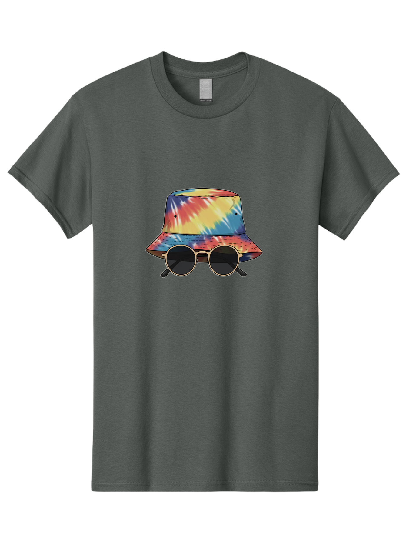 Tie-Dye-Bucket-Hat-And-Sunglasses Men'S Graphic Tee, 100% Cotton, Comfortable Casual Summer Wear, Machine Washable, Tie Dye Bucket Hat, Sunglasses, Round Shades, Colorful Accessories, Fashion Statement, Hippie Chic, Trendy Wear, Hipster Style, Bad840