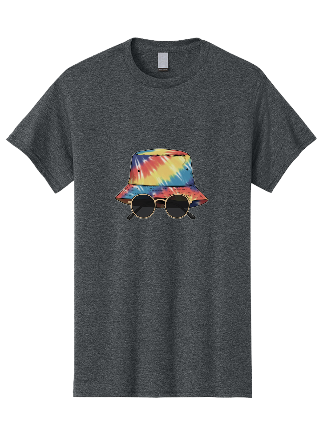 Tie-Dye-Bucket-Hat-And-Sunglasses Men'S Graphic Tee, 100% Cotton, Comfortable Casual Summer Wear, Machine Washable, Tie Dye Bucket Hat, Sunglasses, Round Shades, Colorful Accessories, Fashion Statement, Hippie Chic, Trendy Wear, Hipster Style, Bad840
