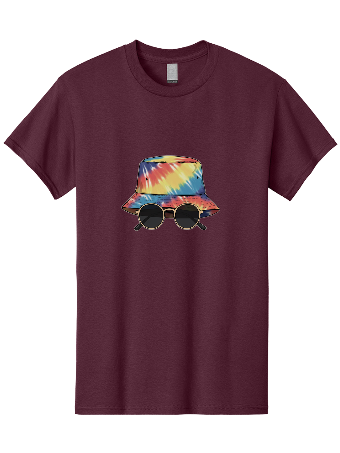 Tie-Dye-Bucket-Hat-And-Sunglasses Men'S Graphic Tee, 100% Cotton, Comfortable Casual Summer Wear, Machine Washable, Tie Dye Bucket Hat, Sunglasses, Round Shades, Colorful Accessories, Fashion Statement, Hippie Chic, Trendy Wear, Hipster Style, Bad840