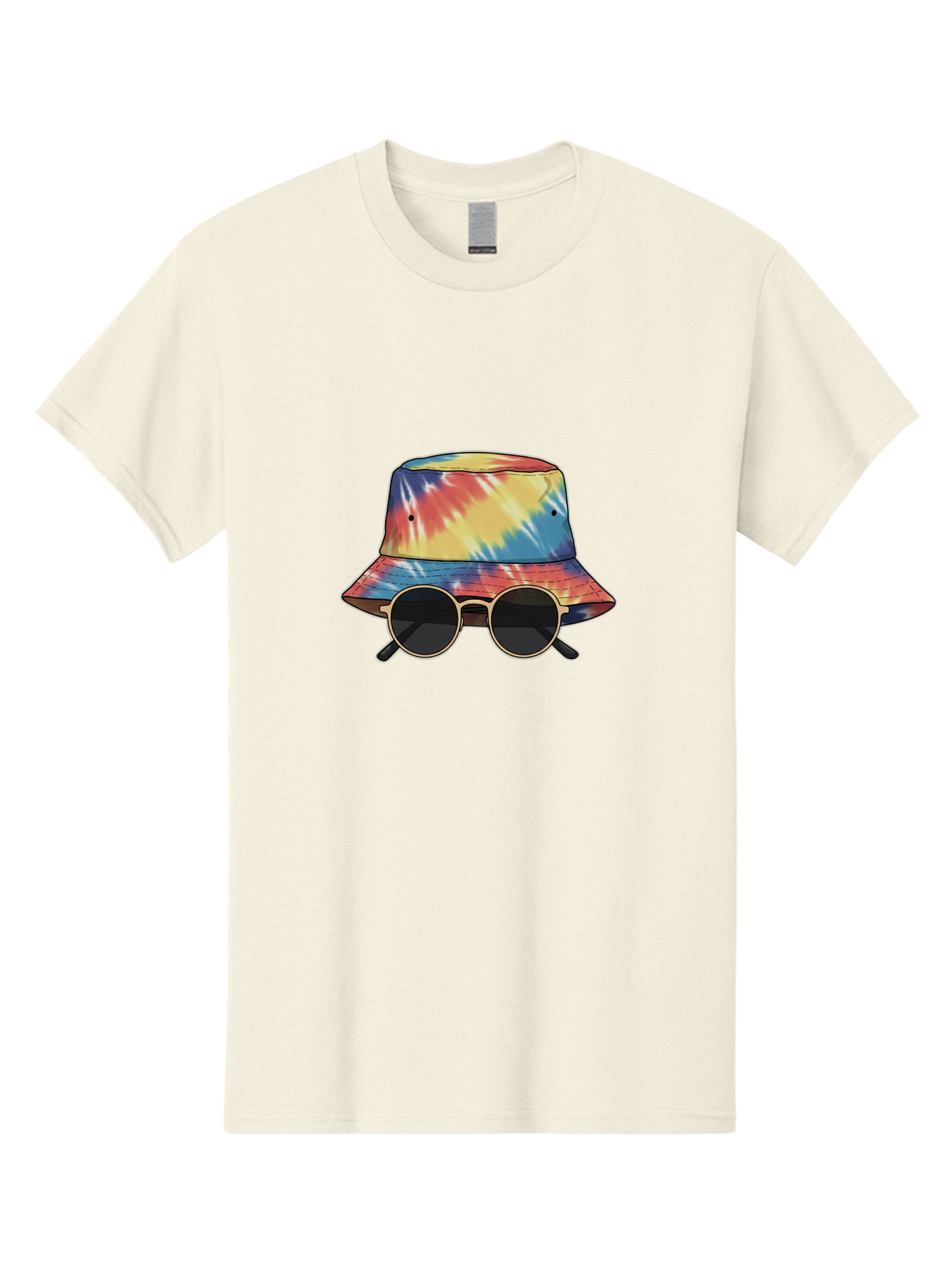 Tie-Dye-Bucket-Hat-And-Sunglasses Men'S Graphic Tee, 100% Cotton, Comfortable Casual Summer Wear, Machine Washable, Tie Dye Bucket Hat, Sunglasses, Round Shades, Colorful Accessories, Fashion Statement, Hippie Chic, Trendy Wear, Hipster Style, Bad840