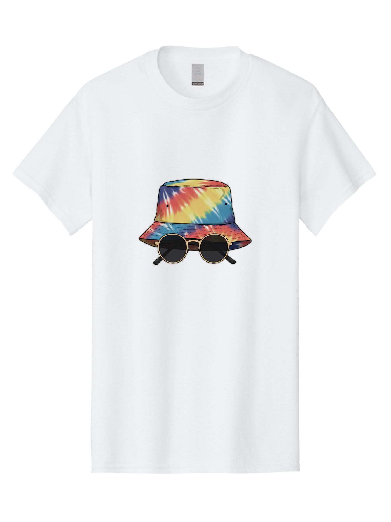 Tie-Dye-Bucket-Hat-And-Sunglasses Men'S Graphic Tee, 100% Cotton, Comfortable Casual Summer Wear, Machine Washable, Tie Dye Bucket Hat, Sunglasses, Round Shades, Colorful Accessories, Fashion Statement, Hippie Chic, Trendy Wear, Hipster Style, Bad840