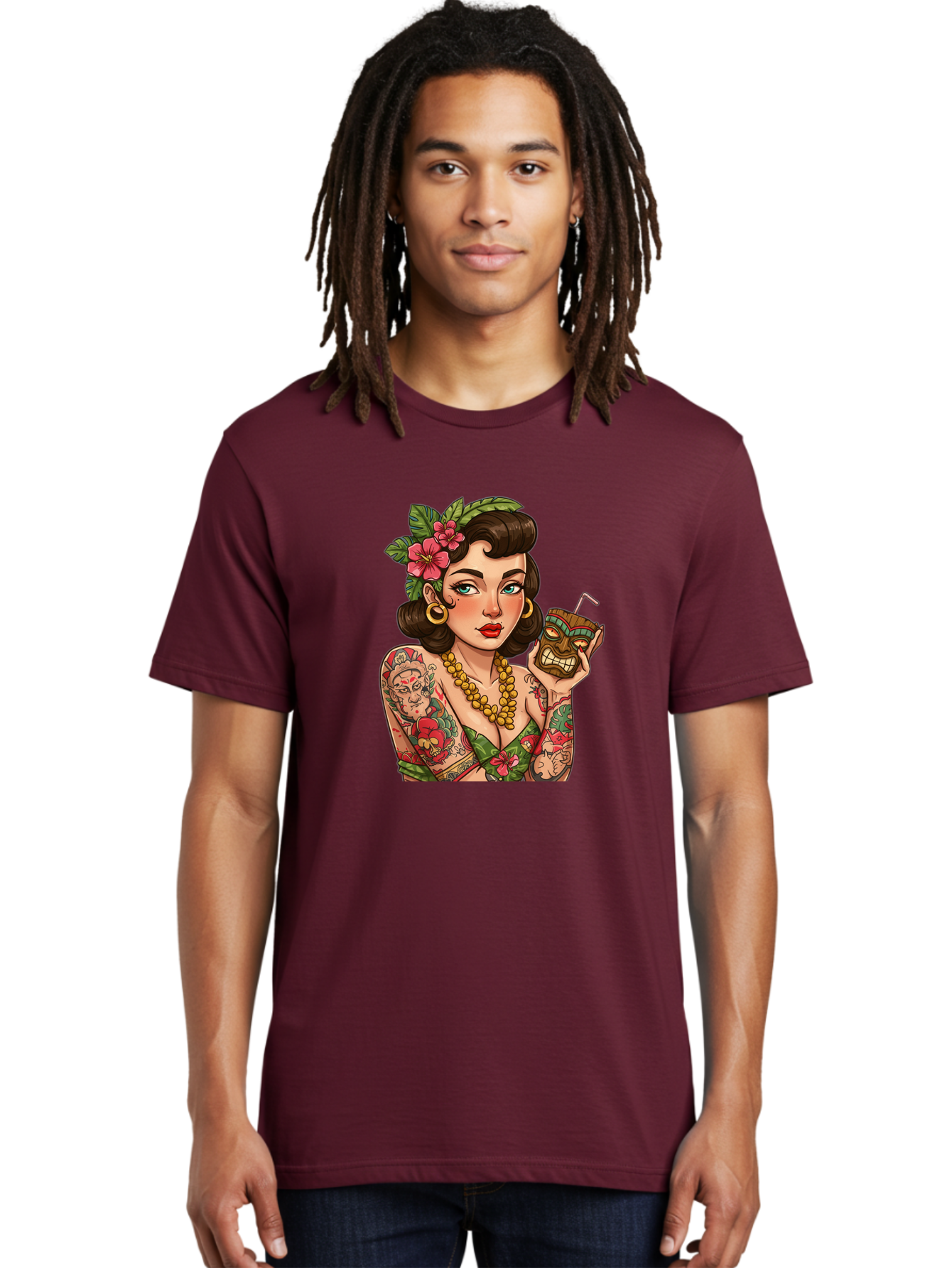 Tiki-Girl Men'S Graphic Tee, 100% Cotton, Comfortable Casual Summer Wear, Machine Washable, Tattooed Pin-Up Girl, Vintage Style, Tropical Drink, Floral Crown, Bold Jewelry, Colorful Tattoos, Retro Charm, Summer Vibes Bad842