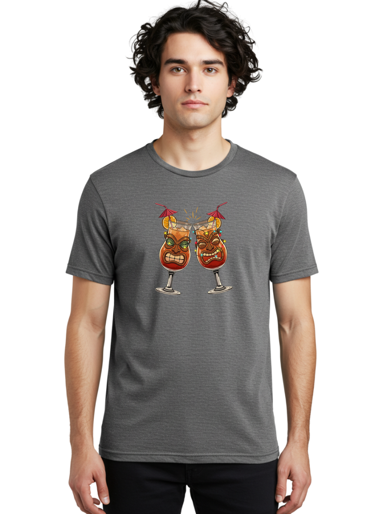 Tiki-Glasses Men'S Graphic Tee, 100% Cotton, Comfortable Casual Summer Wear, Machine Washable, Tiki Cocktails, Tropical Drinks, Cartoon Glasses, Festive Toast, Party Atmosphere, Refreshing Beverages, Summer Vibes, Cocktail Culture Bad843
