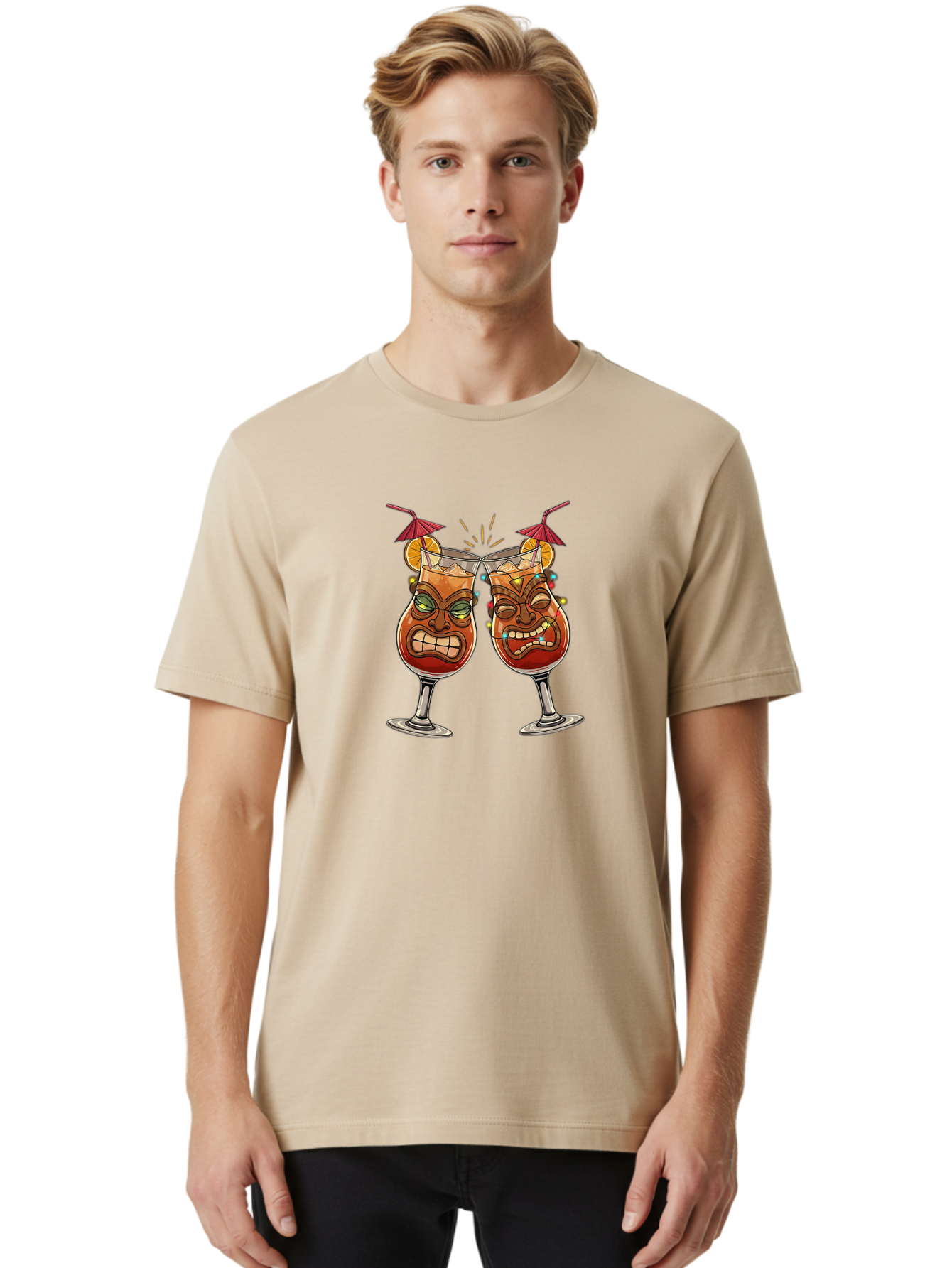 Tiki-Glasses Men'S Graphic Tee, 100% Cotton, Comfortable Casual Summer Wear, Machine Washable, Tiki Cocktails, Tropical Drinks, Cartoon Glasses, Festive Toast, Party Atmosphere, Refreshing Beverages, Summer Vibes, Cocktail Culture Bad843