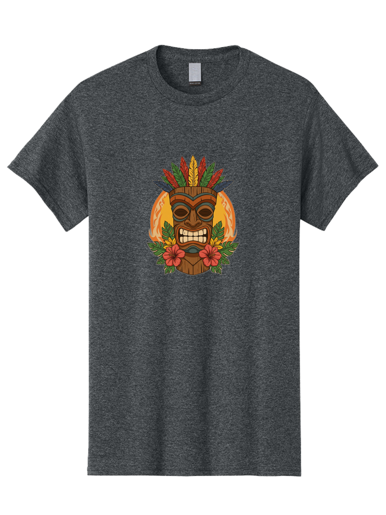Tiki-Mask-With-Tropical-Flowers Men'S Graphic Tee, 100% Cotton, Comfortable Casual Summer Wear, Machine Washable, Tiki Mask, Tribal Art, Wooden Totem, Tropical Flowers, Hibiscus, Colorful Feathers, Polka Dot, Island Vibes, Bohemian Style Bad844