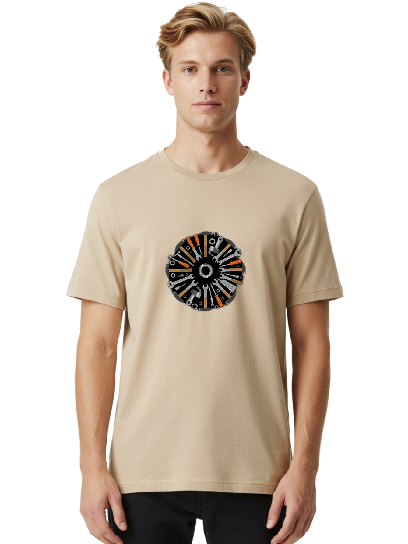 Tool-Wheel Men'S Graphic Tee, 100% Cotton, Comfortable Casual Summer Wear, Machine Washable, Wrenches, Screwdrivers, Pliers, Hand Tools, Diy, Toolbox, Hardware, Mechanics, Repair, Maintenance Bad846