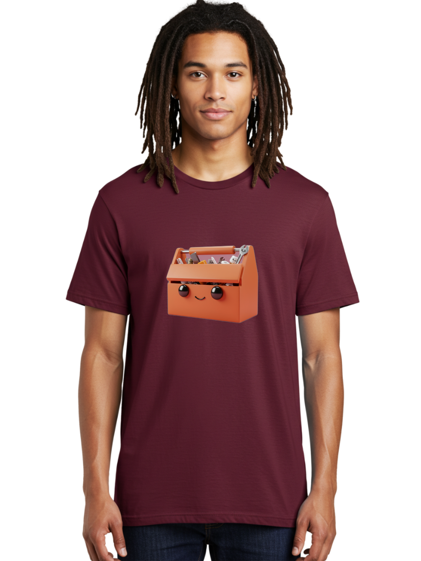Toolbox-1 Men'S Graphic Tee, 100% Cotton, Comfortable Casual Summer Wear, Machine Washable, Orange Toolbox, Cartoonish Face, Smiling Eyes, Black Pupils, 3D Rendering, Creative Design, Funny, Quirky, Toolbox, Metal Wrenches, Various Tools Bad847