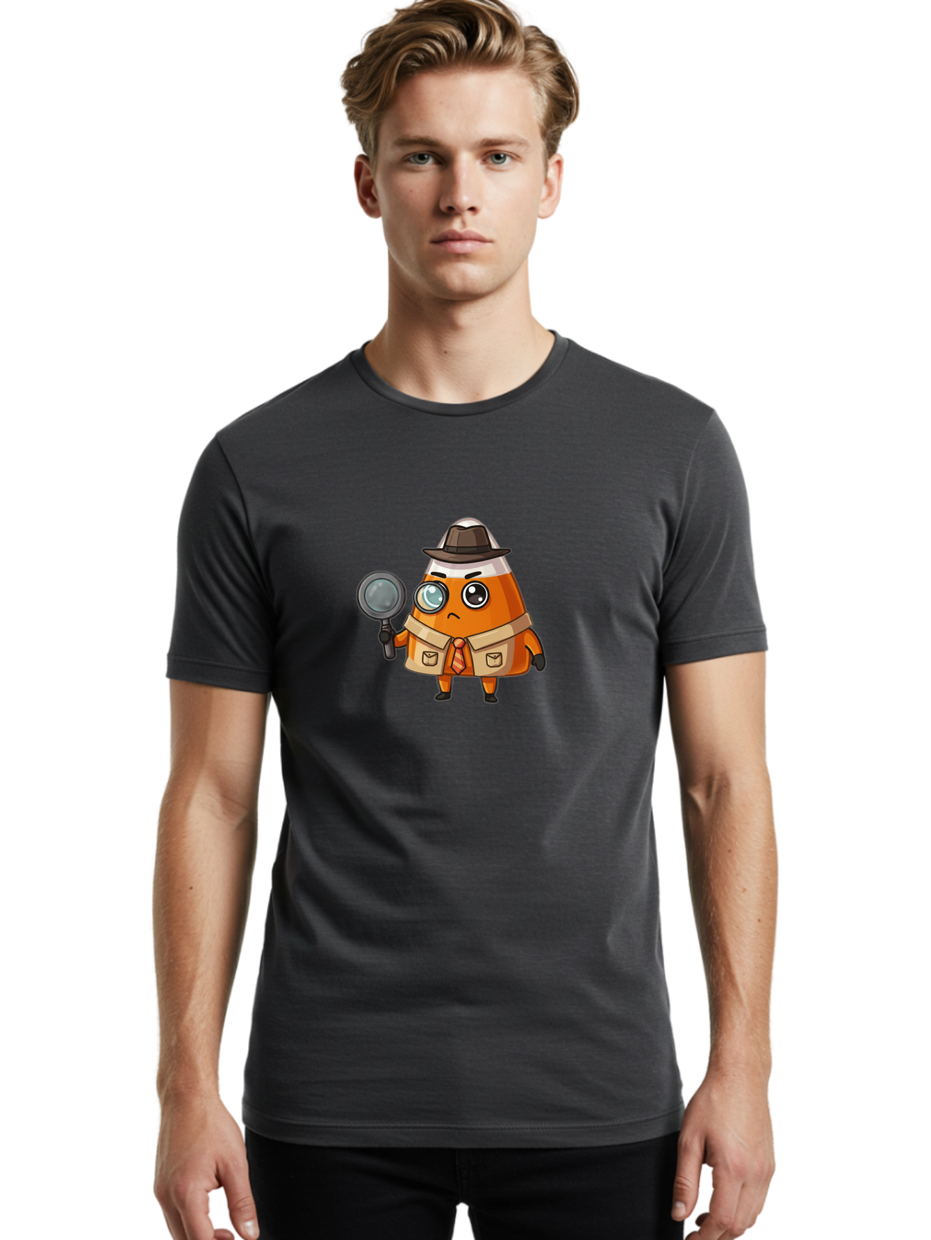 Traffic-Cone-Detective Men'S Graphic Tee, 100% Cotton, Comfortable Casual Summer Wear, Machine Washable, Detective Cone, Cartoon Character, Magnifying Glass, Trench Coat, Fedora Hat, Detective Clothing, Crime Scene Investigation, Bad855