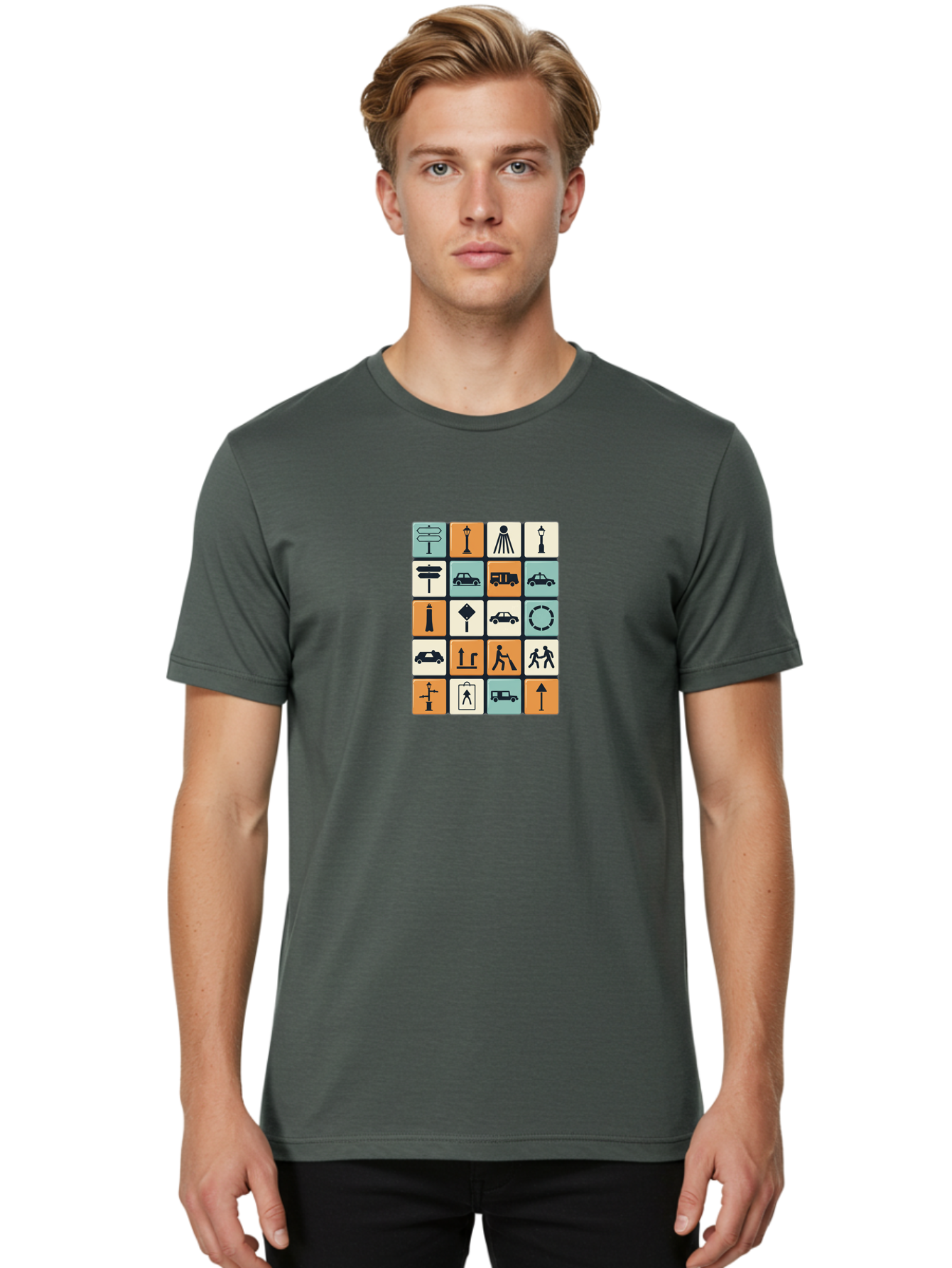 Traffic-Signs Men'S Graphic Tee, 100% Cotton, Comfortable Casual Summer Wear, Machine Washable, Traffic Signs, Road Signs, Direction Signs, Traffic Icons, Street Signs, Navigation Symbols, Transportation Graphics, Urban Planning, Road Safety, Bad856