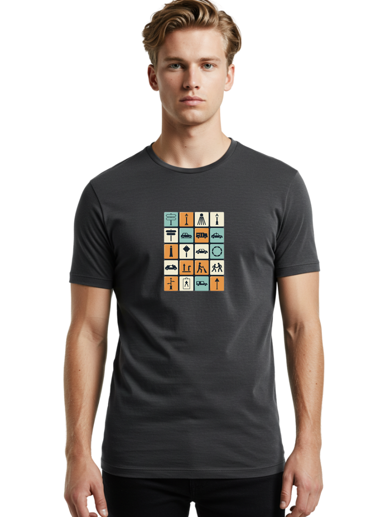 Traffic-Signs Men'S Graphic Tee, 100% Cotton, Comfortable Casual Summer Wear, Machine Washable, Traffic Signs, Road Signs, Direction Signs, Traffic Icons, Street Signs, Navigation Symbols, Transportation Graphics, Urban Planning, Road Safety, Bad856