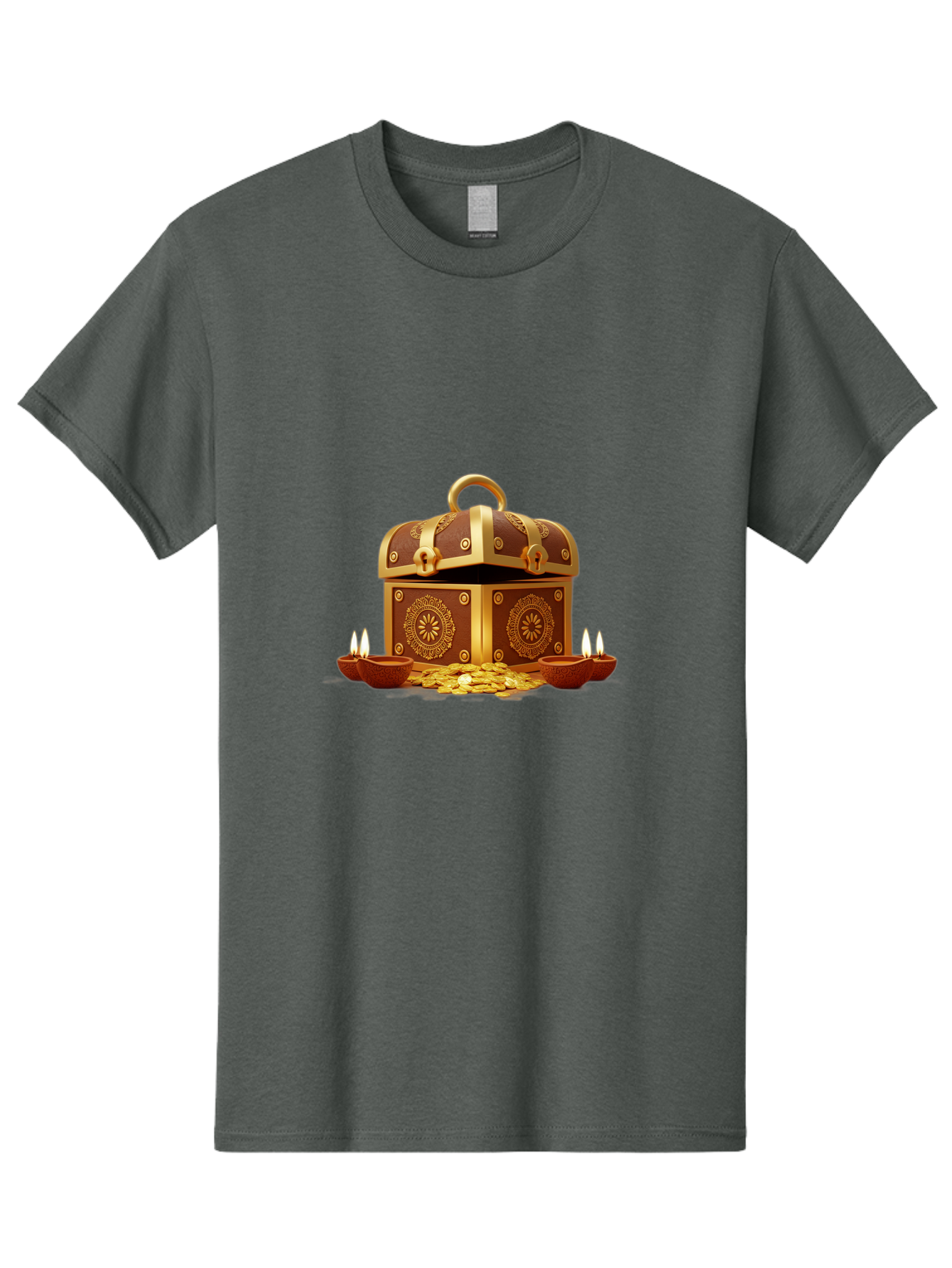 Treasure-Chest Men'S Graphic Tee, 100% Cotton, Comfortable Casual Summer Wear, Machine Washable, Treasure Chest, Gold Coins, Diyas, Lit Candles, Prosperity, Wealth, Traditional Decor, Festive Atmosphere, Indian Culture, Ornate Design Bad859