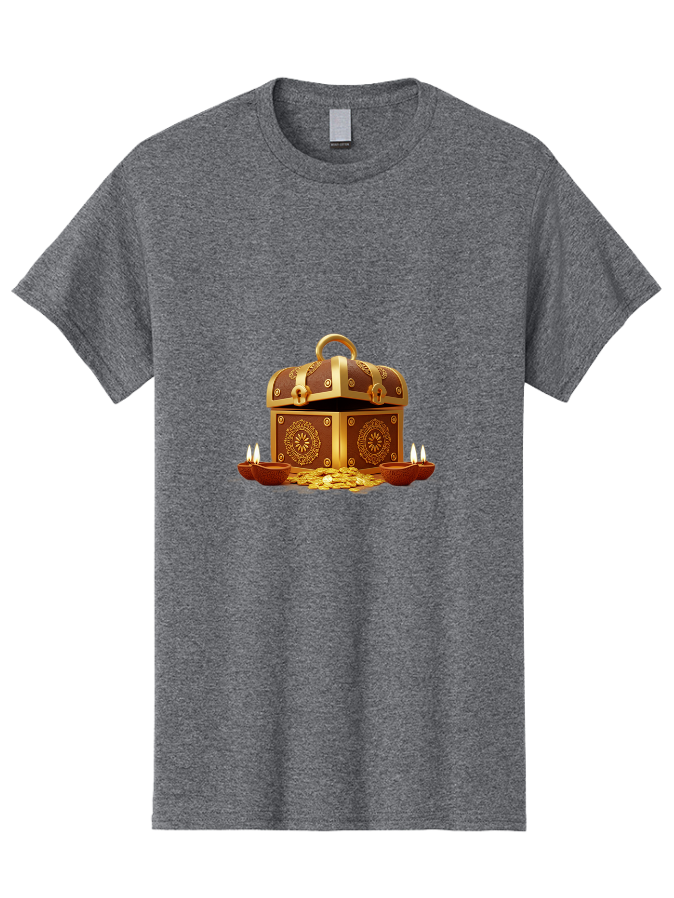 Treasure-Chest Men'S Graphic Tee, 100% Cotton, Comfortable Casual Summer Wear, Machine Washable, Treasure Chest, Gold Coins, Diyas, Lit Candles, Prosperity, Wealth, Traditional Decor, Festive Atmosphere, Indian Culture, Ornate Design Bad859
