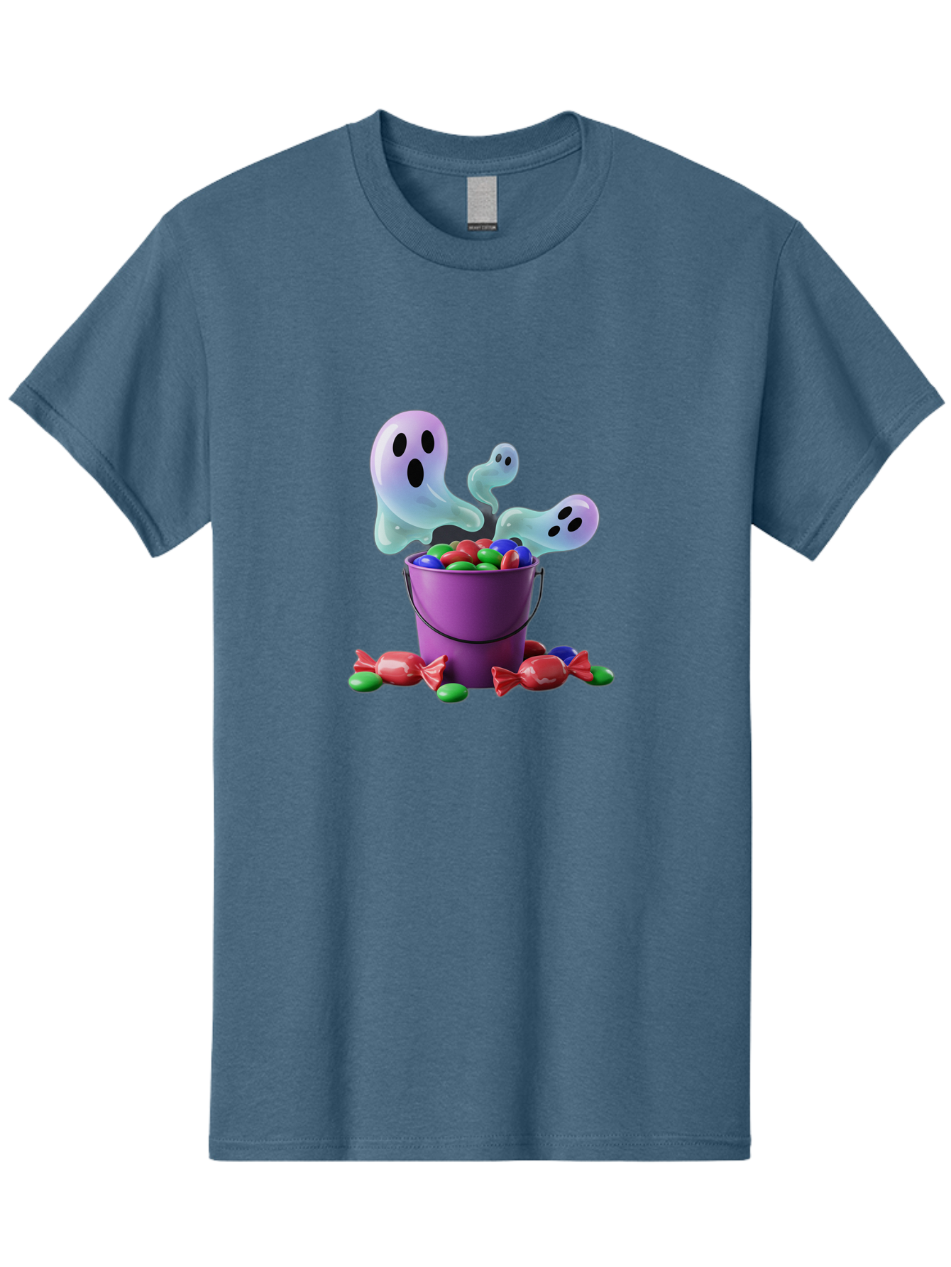 Trick-Or-Treat Men'S Graphic Tee, 100% Cotton, Comfortable Casual Summer Wear, Machine Washable, Halloween Candy, Purple Bucket, Ghostly Figures, Colorful Sweets, Candy Treats, Trick Or Treat, Spooky Season, Festive Treats, Holiday Fun Bad860