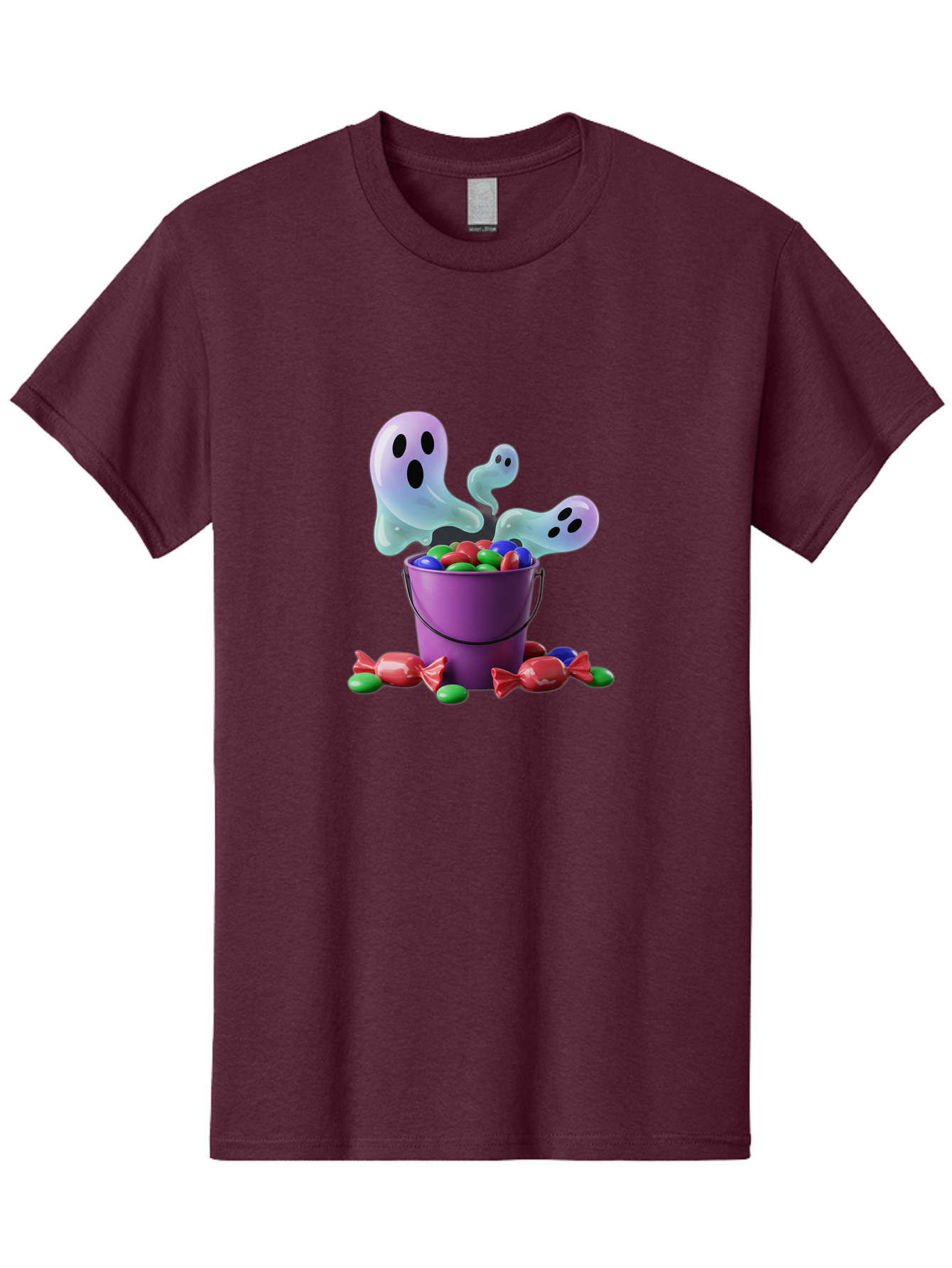 Trick-Or-Treat Men'S Graphic Tee, 100% Cotton, Comfortable Casual Summer Wear, Machine Washable, Halloween Candy, Purple Bucket, Ghostly Figures, Colorful Sweets, Candy Treats, Trick Or Treat, Spooky Season, Festive Treats, Holiday Fun Bad860