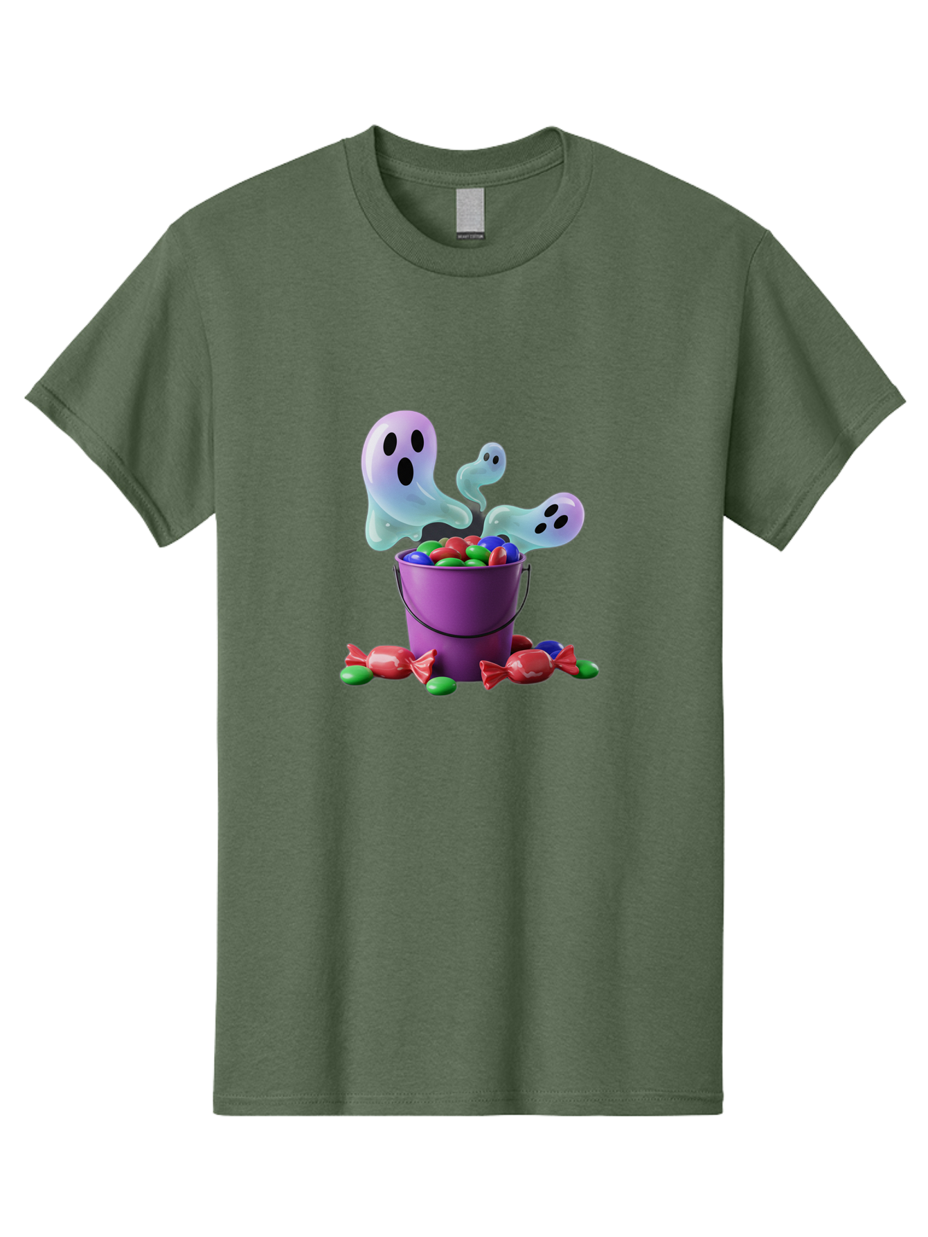 Trick-Or-Treat Men'S Graphic Tee, 100% Cotton, Comfortable Casual Summer Wear, Machine Washable, Halloween Candy, Purple Bucket, Ghostly Figures, Colorful Sweets, Candy Treats, Trick Or Treat, Spooky Season, Festive Treats, Holiday Fun Bad860