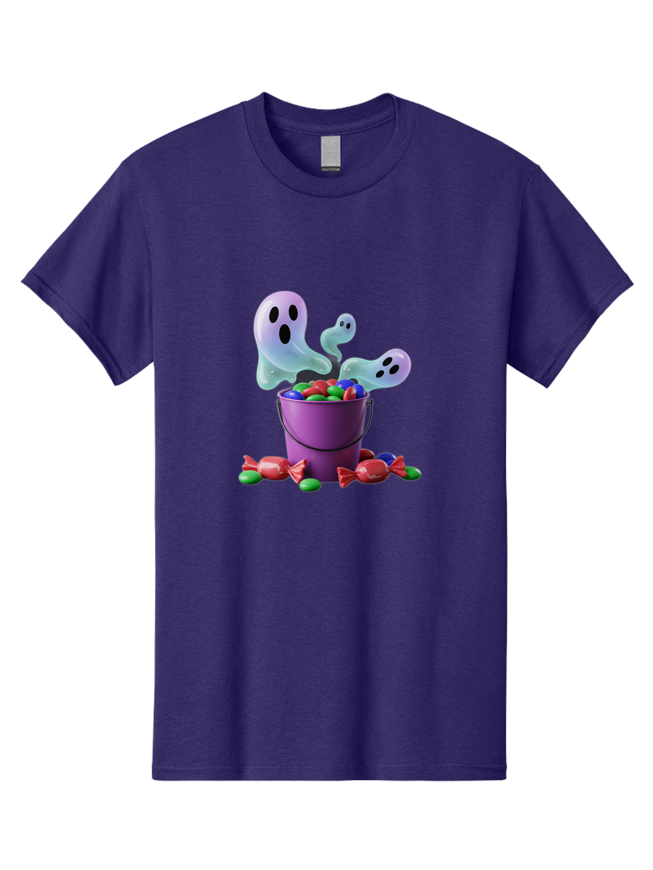 Trick-Or-Treat Men'S Graphic Tee, 100% Cotton, Comfortable Casual Summer Wear, Machine Washable, Halloween Candy, Purple Bucket, Ghostly Figures, Colorful Sweets, Candy Treats, Trick Or Treat, Spooky Season, Festive Treats, Holiday Fun Bad860