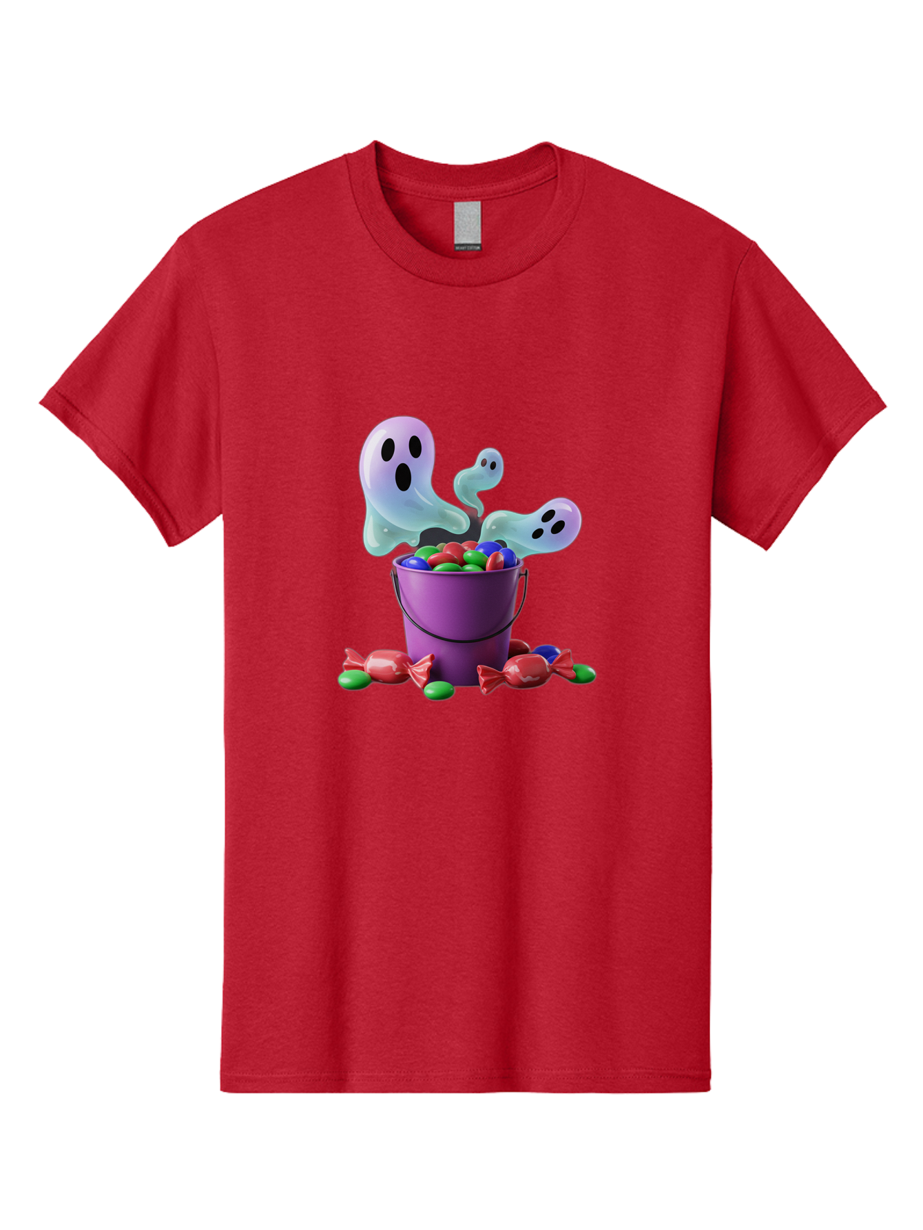Trick-Or-Treat Men'S Graphic Tee, 100% Cotton, Comfortable Casual Summer Wear, Machine Washable, Halloween Candy, Purple Bucket, Ghostly Figures, Colorful Sweets, Candy Treats, Trick Or Treat, Spooky Season, Festive Treats, Holiday Fun Bad860
