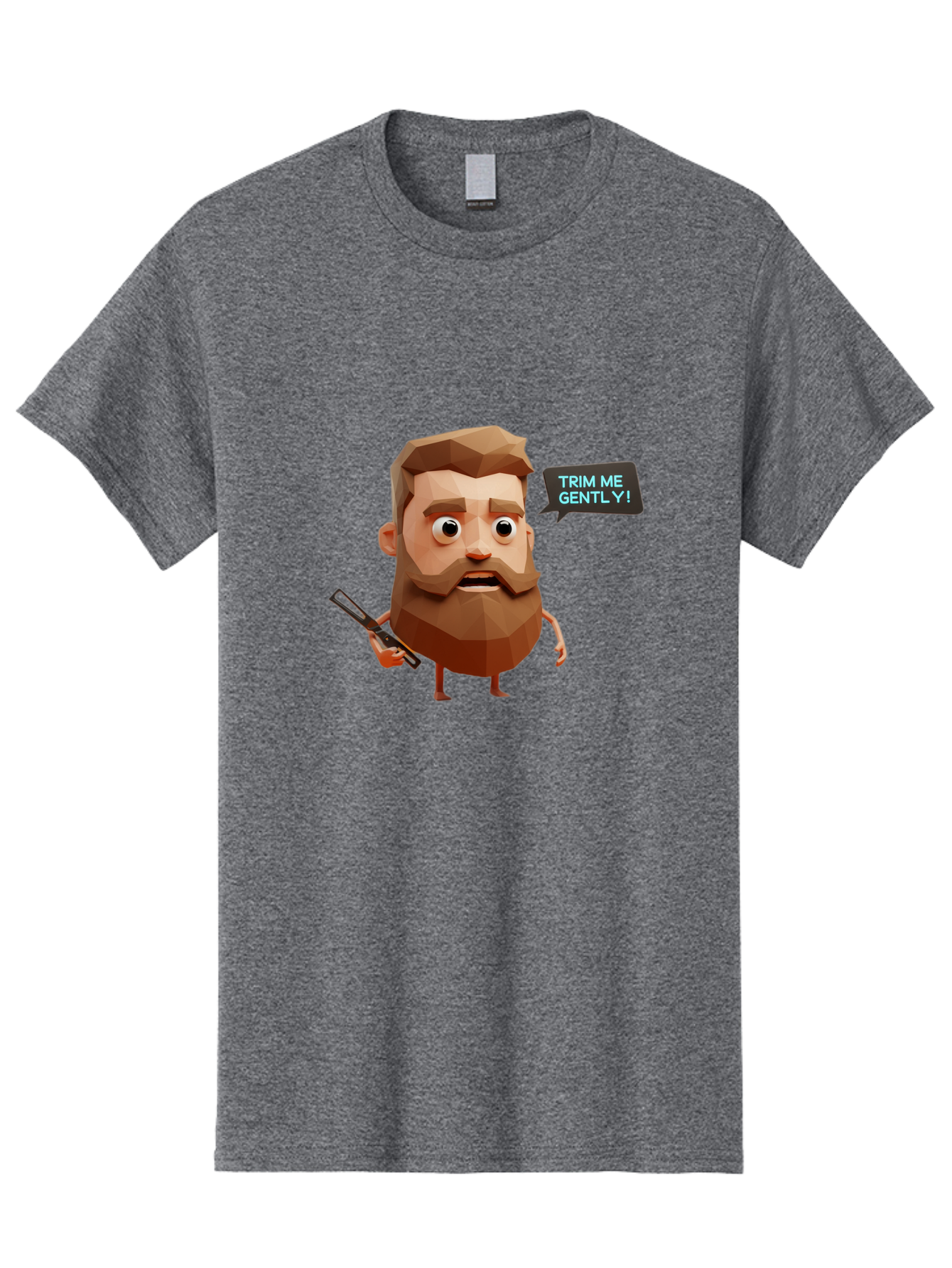 Trim-Me-Gently-1 Men'S Graphic Tee, 100% Cotton, Comfortable Casual Summer Wear, Machine Washable, Cartoon Man, Low Poly Character, 3D Illustration, Barber Theme, Grooming, Male Beauty, Beard Care, Scissors, Funny Expression Bad862