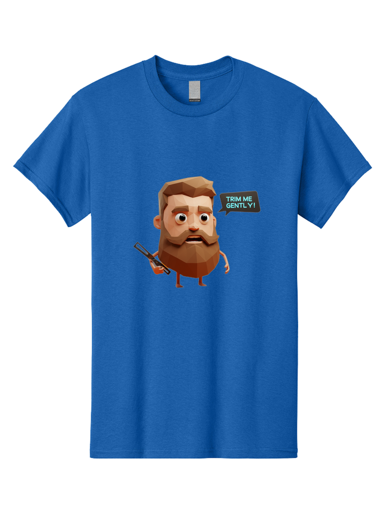 Trim-Me-Gently-1 Men'S Graphic Tee, 100% Cotton, Comfortable Casual Summer Wear, Machine Washable, Cartoon Man, Low Poly Character, 3D Illustration, Barber Theme, Grooming, Male Beauty, Beard Care, Scissors, Funny Expression Bad862