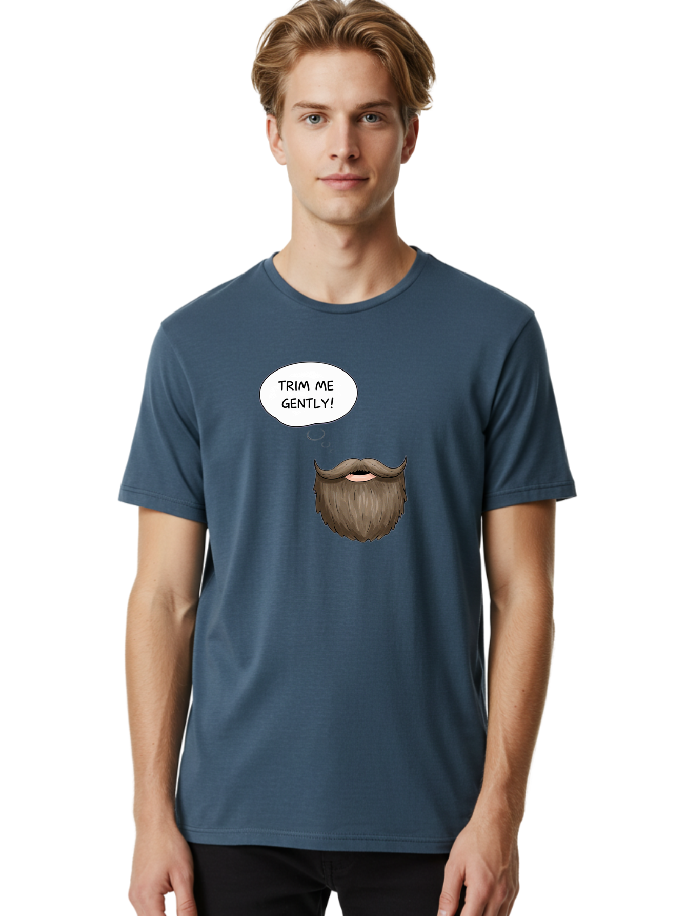 Trim-Me-Gently-2 Men'S Graphic Tee, 100% Cotton, Comfortable Casual Summer Wear, Machine Washable, Funny Cartoon Beard, Humorous Illustration, Whimsical Character, Mustache And Beard Combo, Playful Typography, Quirky Design, Bold Text, Bad863