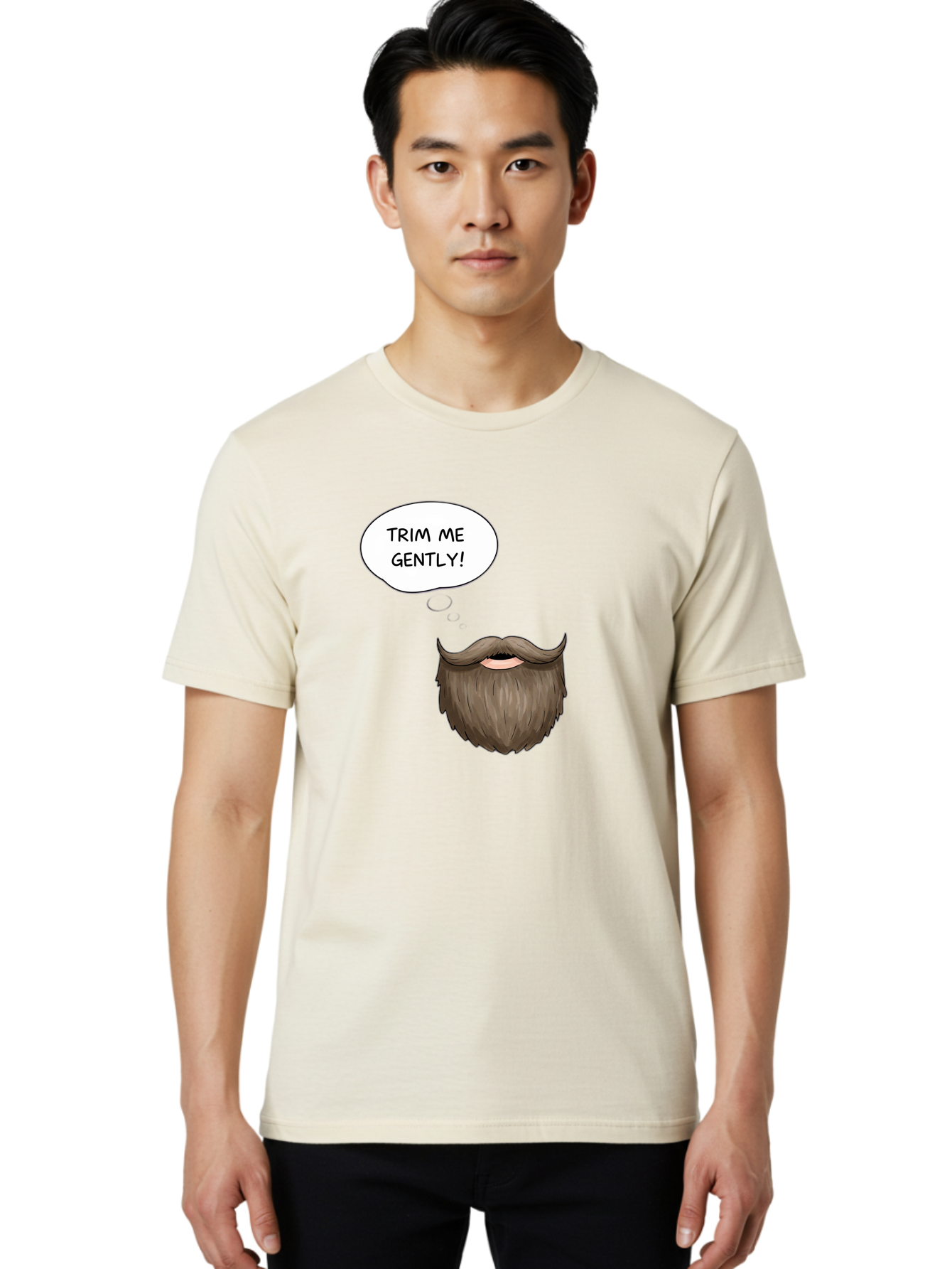 Trim-Me-Gently-2 Men'S Graphic Tee, 100% Cotton, Comfortable Casual Summer Wear, Machine Washable, Funny Cartoon Beard, Humorous Illustration, Whimsical Character, Mustache And Beard Combo, Playful Typography, Quirky Design, Bold Text, Bad863