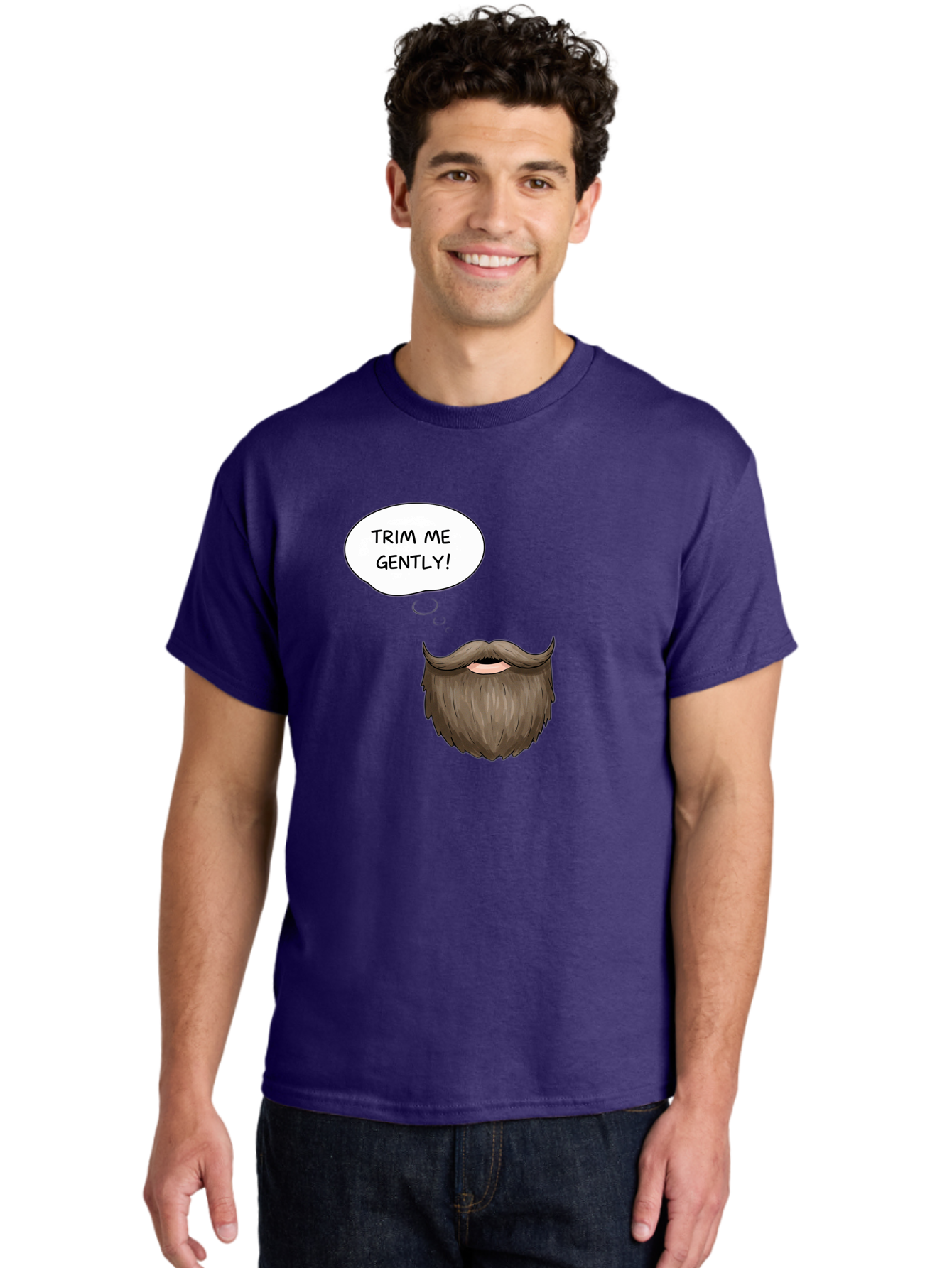 Trim-Me-Gently-2 Men'S Graphic Tee, 100% Cotton, Comfortable Casual Summer Wear, Machine Washable, Funny Cartoon Beard, Humorous Illustration, Whimsical Character, Mustache And Beard Combo, Playful Typography, Quirky Design, Bold Text, Bad863