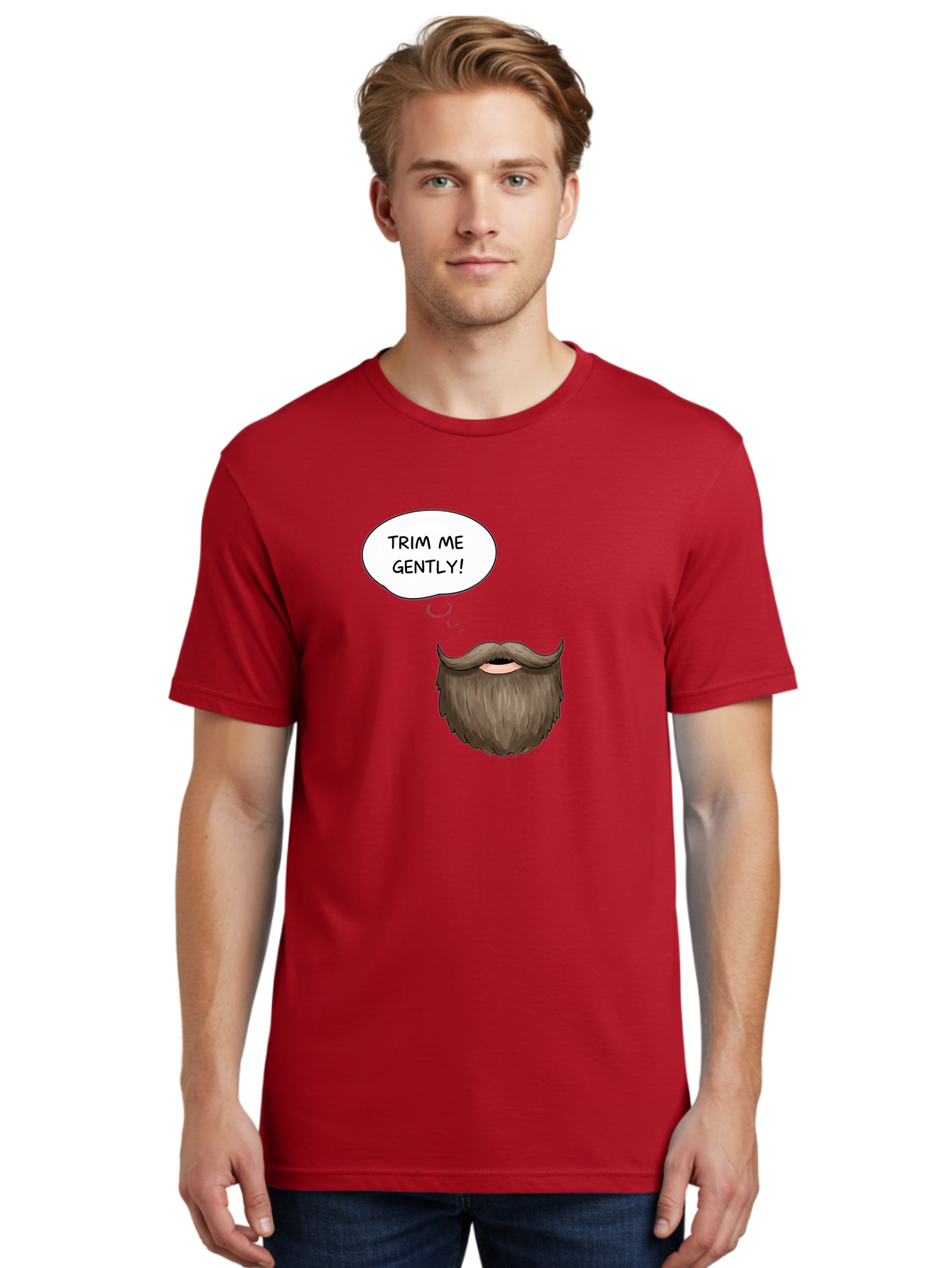Trim-Me-Gently-2 Men'S Graphic Tee, 100% Cotton, Comfortable Casual Summer Wear, Machine Washable, Funny Cartoon Beard, Humorous Illustration, Whimsical Character, Mustache And Beard Combo, Playful Typography, Quirky Design, Bold Text, Bad863