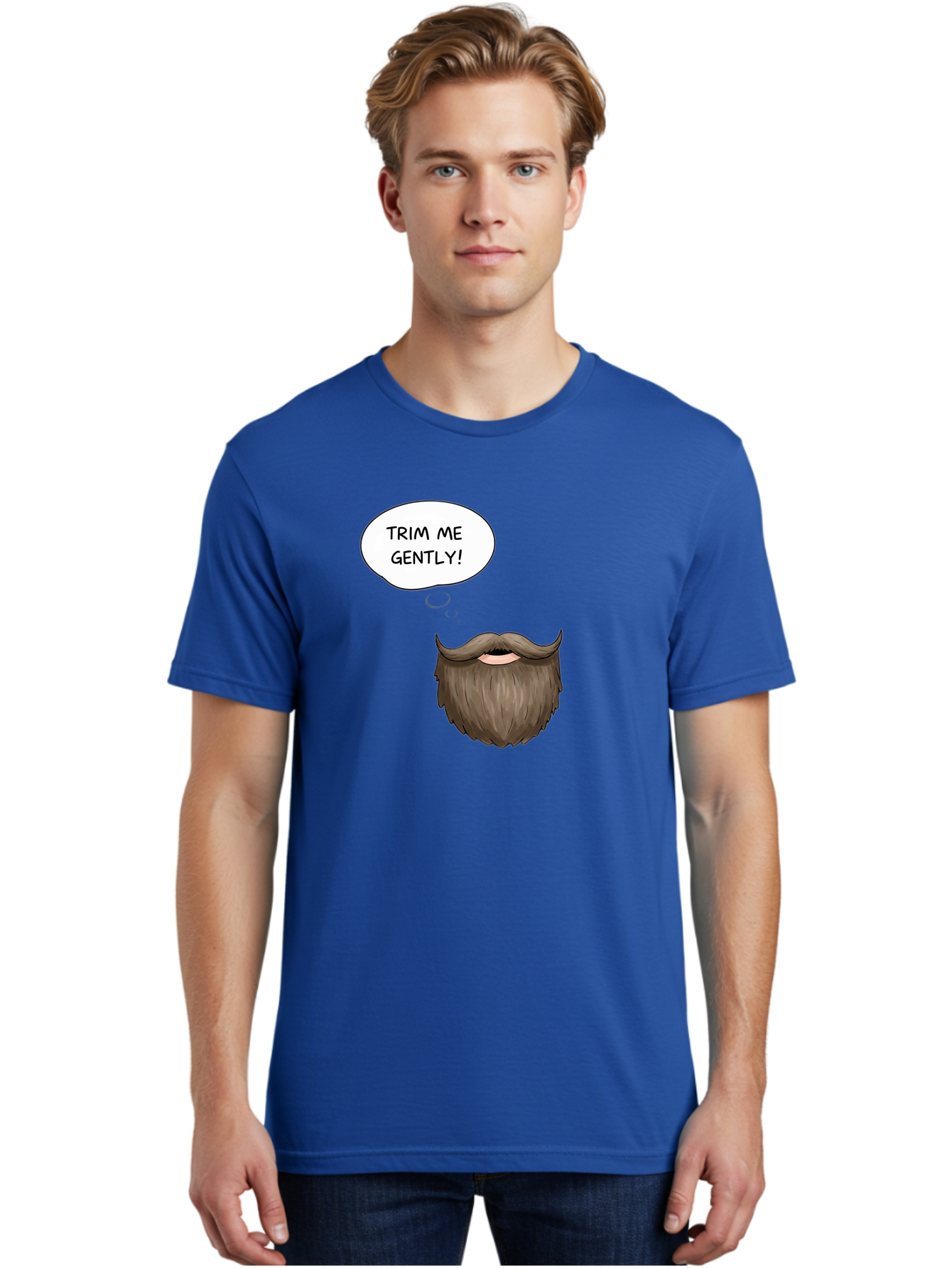 Trim-Me-Gently-2 Men'S Graphic Tee, 100% Cotton, Comfortable Casual Summer Wear, Machine Washable, Funny Cartoon Beard, Humorous Illustration, Whimsical Character, Mustache And Beard Combo, Playful Typography, Quirky Design, Bold Text, Bad863