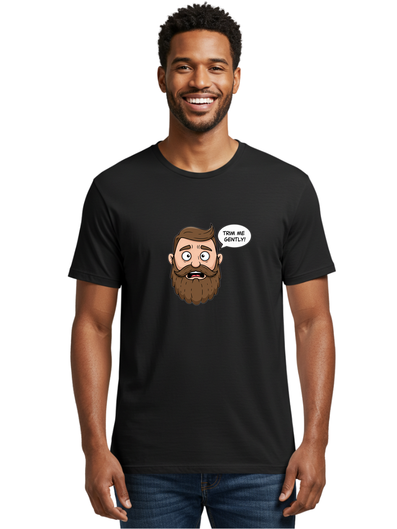 Trim-Me-Gently-3 Men'S Graphic Tee, 100% Cotton, Comfortable Casual Summer Wear, Machine Washable, Cartoon Man With Brown Hair And Beard, Worried Expression, Speech Bubble, Barber Humor, Grooming, Haircut, Men'S Grooming, Comedic Relief Bad864
