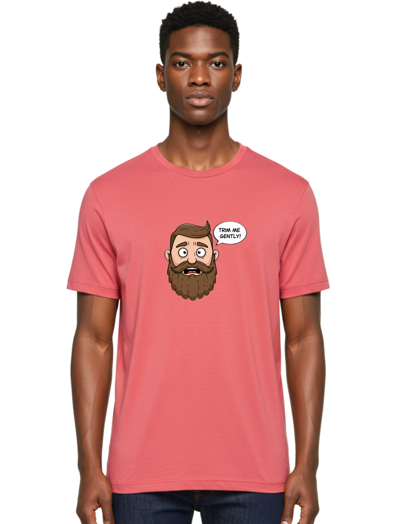Trim-Me-Gently-3 Men'S Graphic Tee, 100% Cotton, Comfortable Casual Summer Wear, Machine Washable, Cartoon Man With Brown Hair And Beard, Worried Expression, Speech Bubble, Barber Humor, Grooming, Haircut, Men'S Grooming, Comedic Relief Bad864