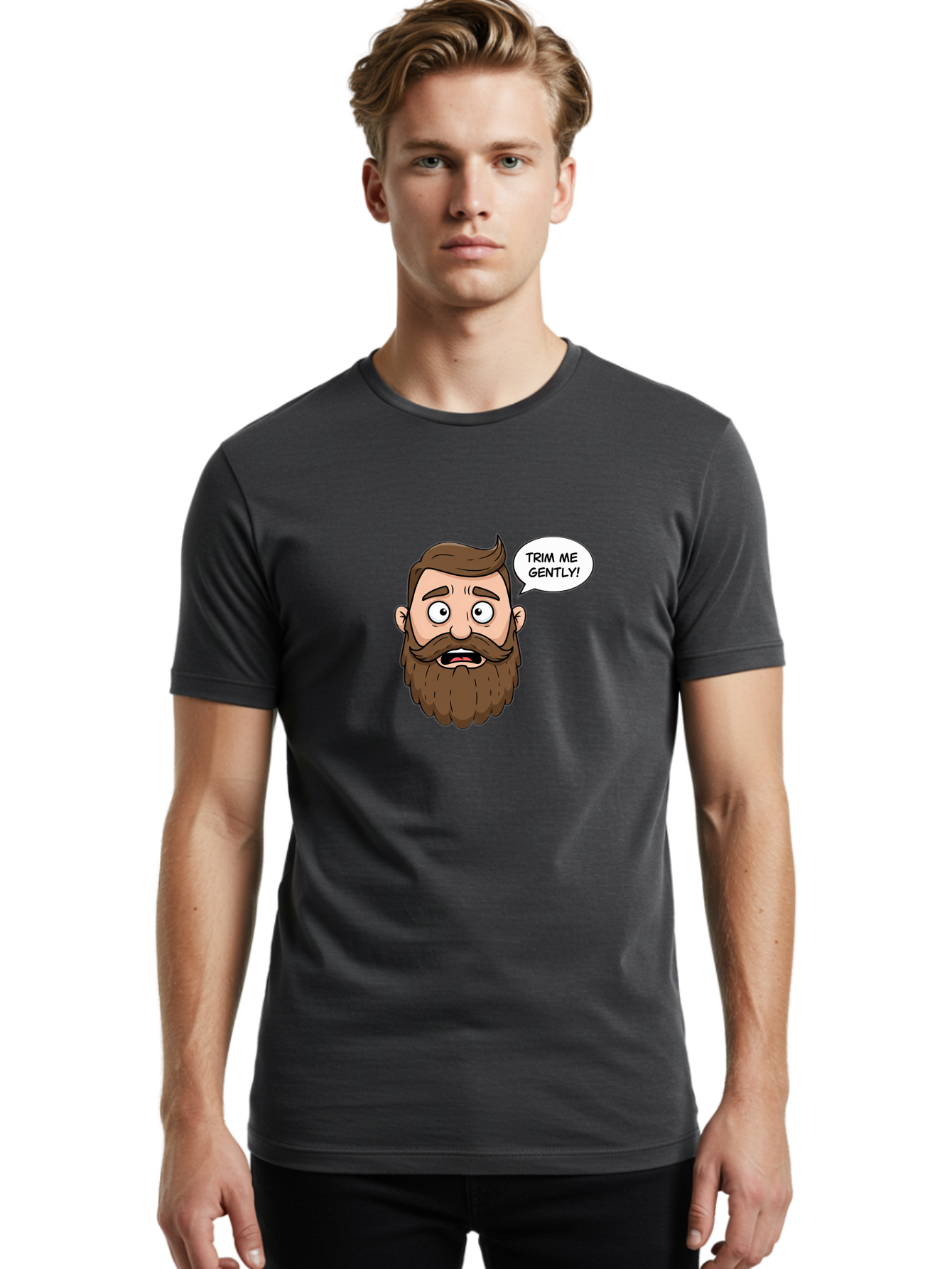 Trim-Me-Gently-3 Men'S Graphic Tee, 100% Cotton, Comfortable Casual Summer Wear, Machine Washable, Cartoon Man With Brown Hair And Beard, Worried Expression, Speech Bubble, Barber Humor, Grooming, Haircut, Men'S Grooming, Comedic Relief Bad864