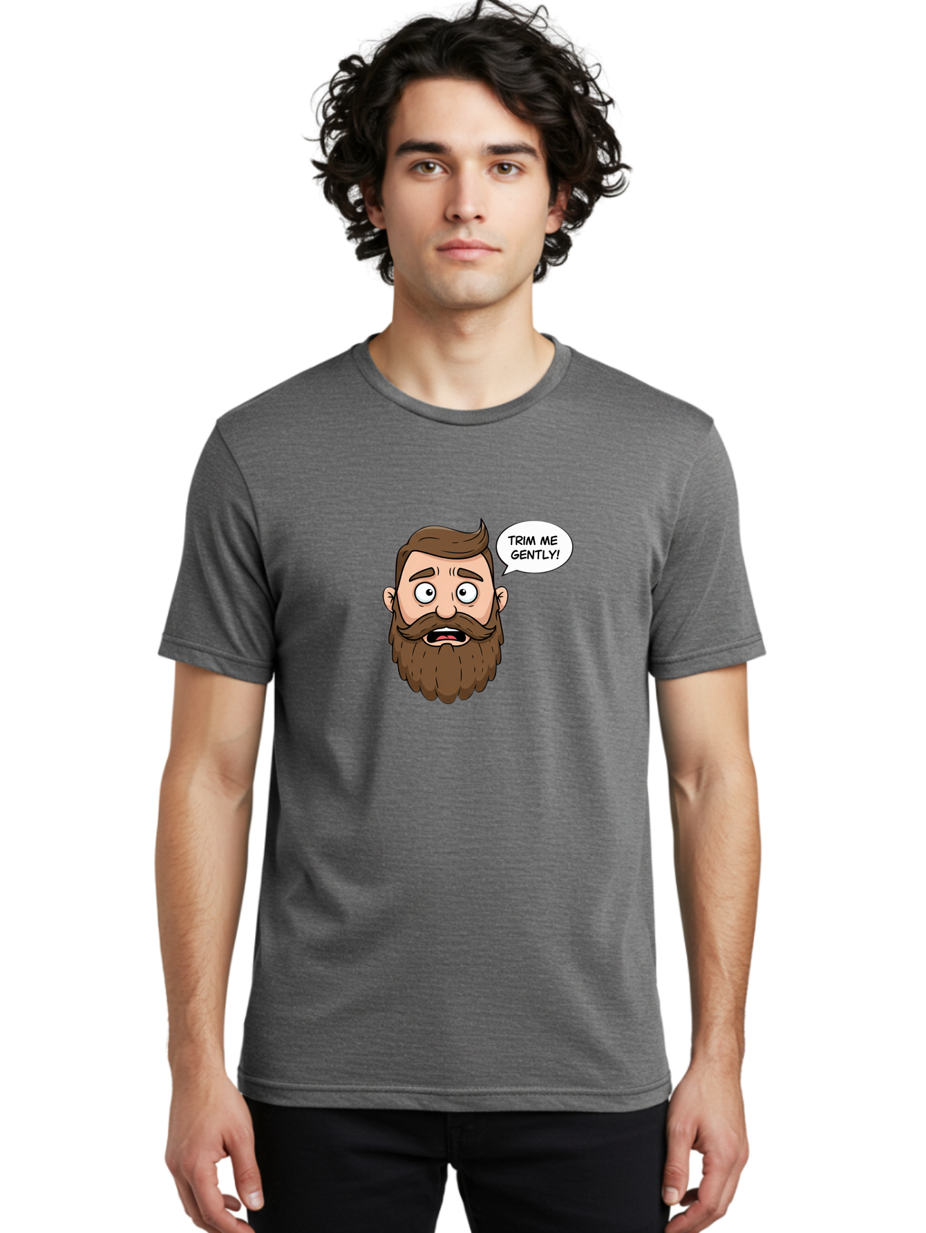 Trim-Me-Gently-3 Men'S Graphic Tee, 100% Cotton, Comfortable Casual Summer Wear, Machine Washable, Cartoon Man With Brown Hair And Beard, Worried Expression, Speech Bubble, Barber Humor, Grooming, Haircut, Men'S Grooming, Comedic Relief Bad864