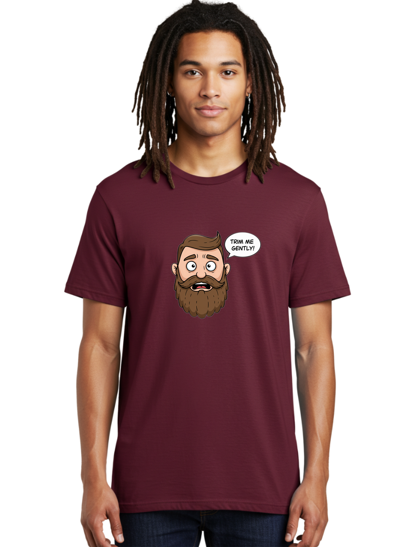 Trim-Me-Gently-3 Men'S Graphic Tee, 100% Cotton, Comfortable Casual Summer Wear, Machine Washable, Cartoon Man With Brown Hair And Beard, Worried Expression, Speech Bubble, Barber Humor, Grooming, Haircut, Men'S Grooming, Comedic Relief Bad864