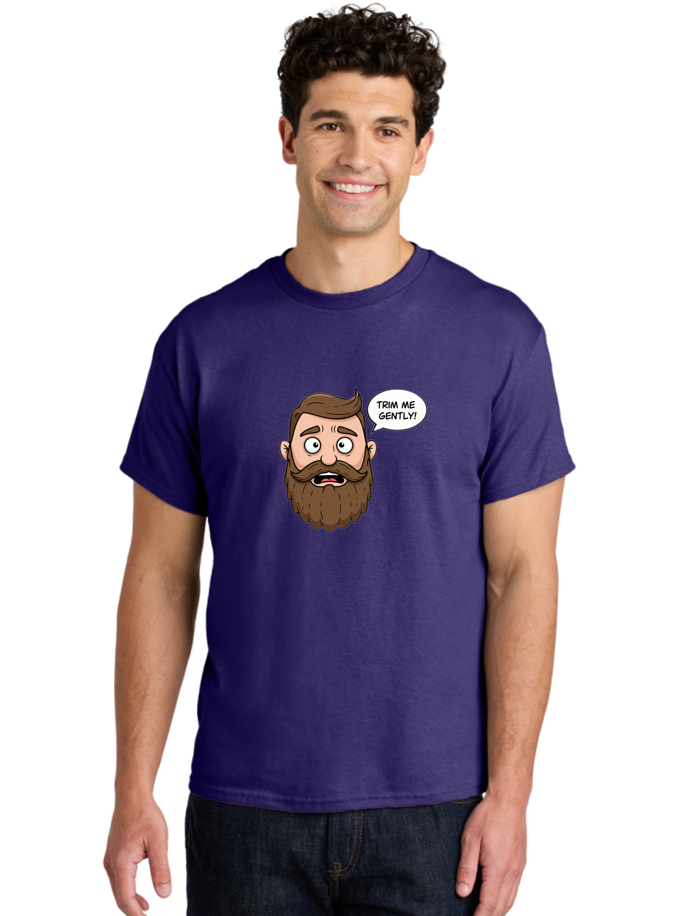 Trim-Me-Gently-3 Men'S Graphic Tee, 100% Cotton, Comfortable Casual Summer Wear, Machine Washable, Cartoon Man With Brown Hair And Beard, Worried Expression, Speech Bubble, Barber Humor, Grooming, Haircut, Men'S Grooming, Comedic Relief Bad864