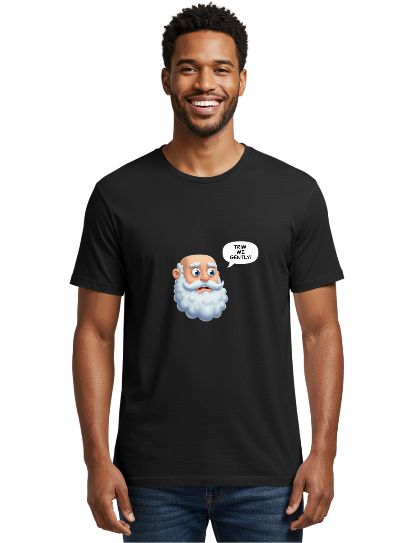 Trim-Me-Gently-4 Men'S Graphic Tee, 100% Cotton, Comfortable Casual Summer Wear, Machine Washable, Funny Cartoon Character, White Beard, Blue Eyes, Humorous Expression, Speech Bubble, Trim Me Gently, Comedic Style, Cartoon Humor, Bad865
