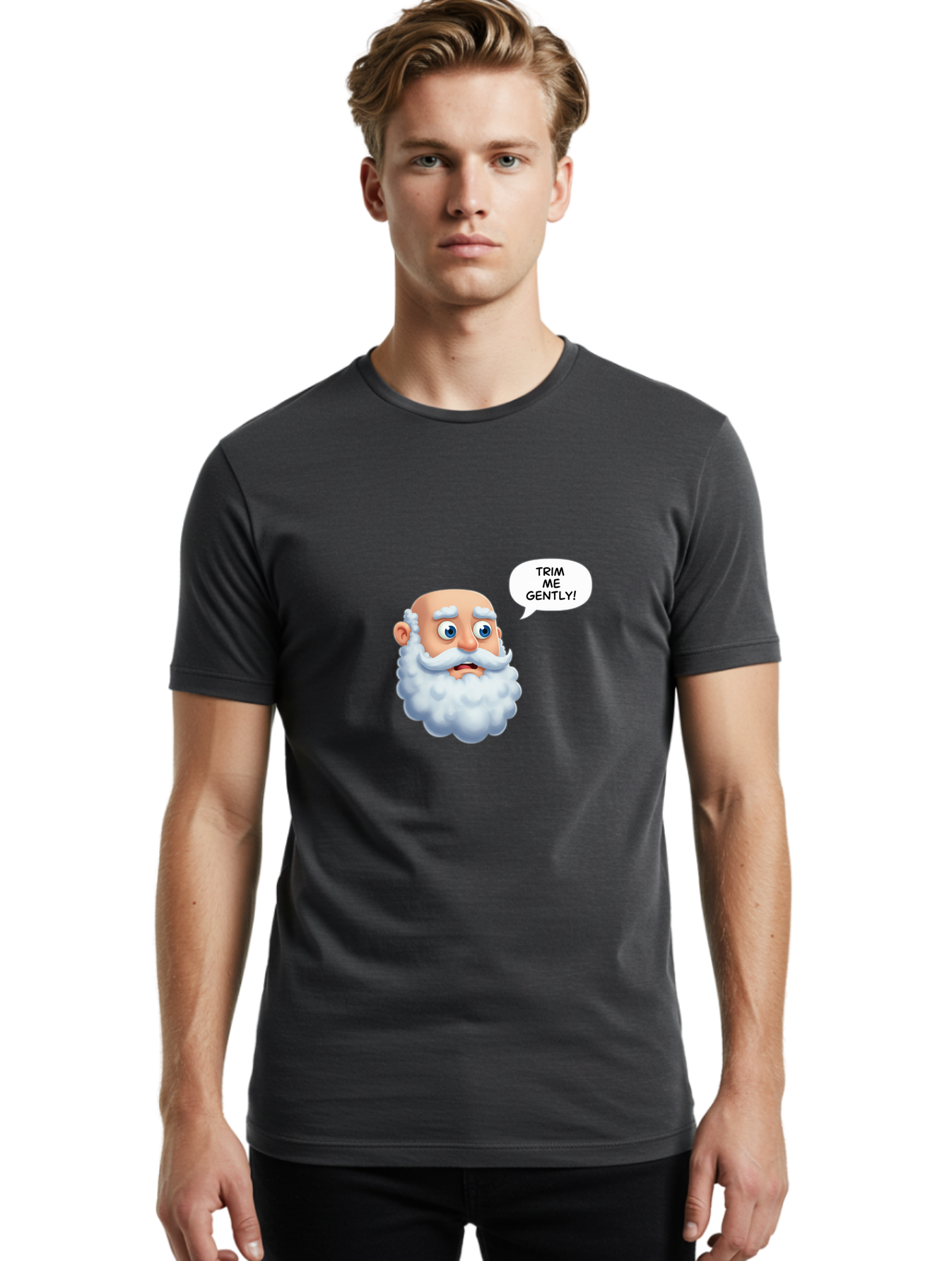Trim-Me-Gently-4 Men'S Graphic Tee, 100% Cotton, Comfortable Casual Summer Wear, Machine Washable, Funny Cartoon Character, White Beard, Blue Eyes, Humorous Expression, Speech Bubble, Trim Me Gently, Comedic Style, Cartoon Humor, Bad865