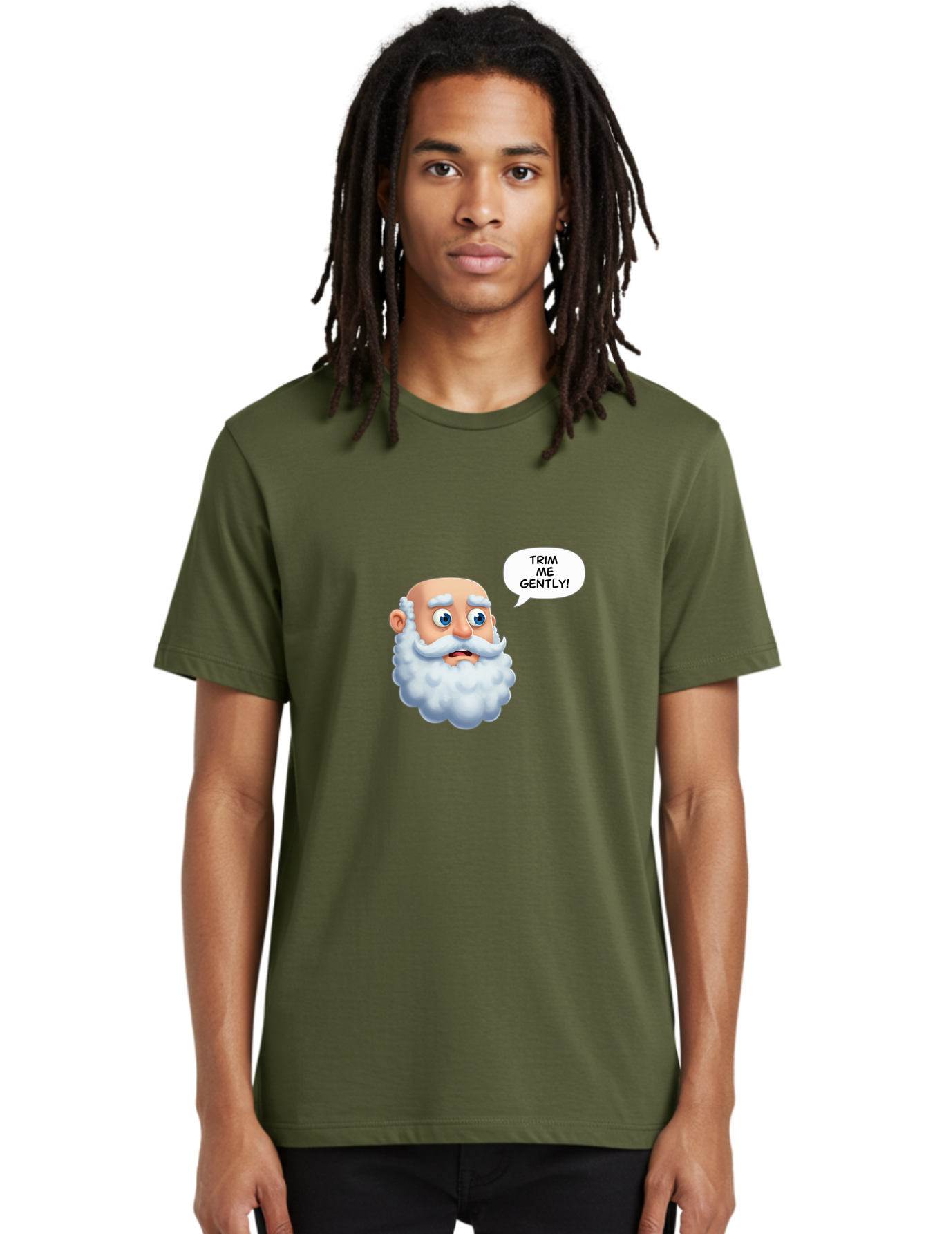 Trim-Me-Gently-4 Men'S Graphic Tee, 100% Cotton, Comfortable Casual Summer Wear, Machine Washable, Funny Cartoon Character, White Beard, Blue Eyes, Humorous Expression, Speech Bubble, Trim Me Gently, Comedic Style, Cartoon Humor, Bad865