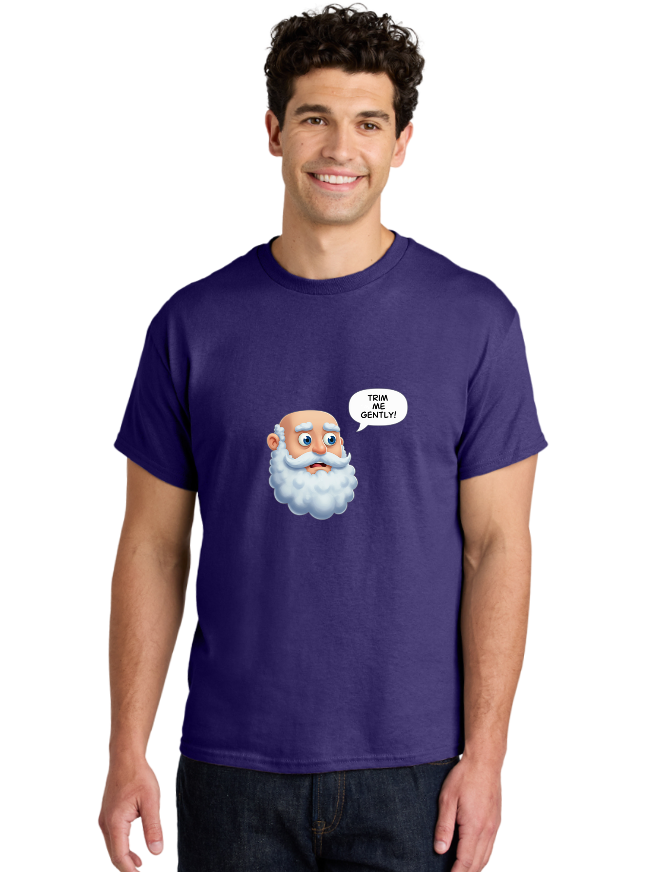 Trim-Me-Gently-4 Men'S Graphic Tee, 100% Cotton, Comfortable Casual Summer Wear, Machine Washable, Funny Cartoon Character, White Beard, Blue Eyes, Humorous Expression, Speech Bubble, Trim Me Gently, Comedic Style, Cartoon Humor, Bad865