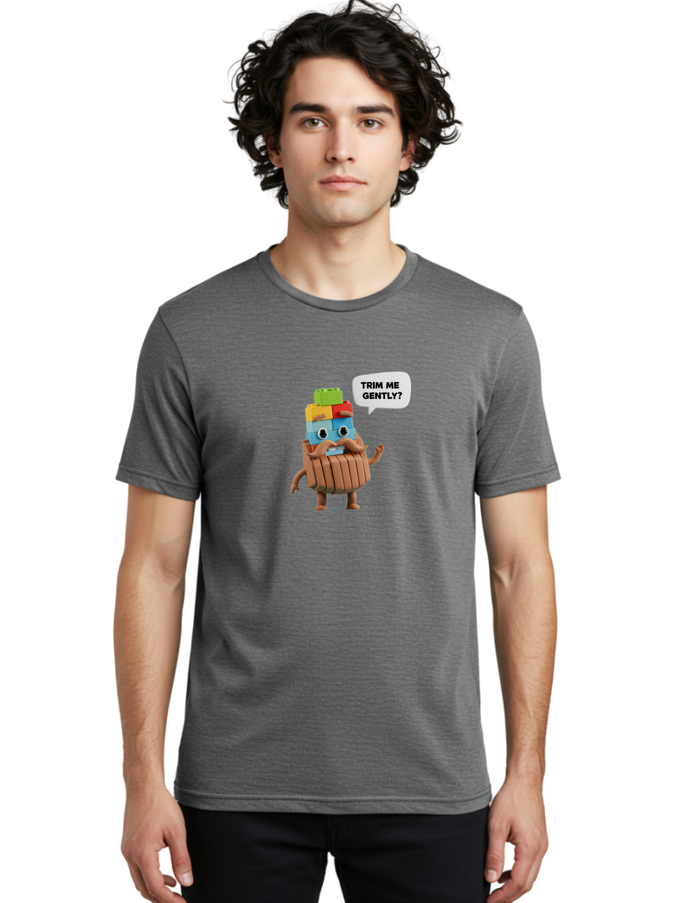Trim-Me-Gently-5 Men'S Graphic Tee, 100% Cotton, Comfortable Casual Summer Wear, Machine Washable, Funny Character, Lego Figure, Cartoon Style, Humorous Mustache, Comedic Expression, Quirky Personality, Playful Design, Building Blocks, Bad866