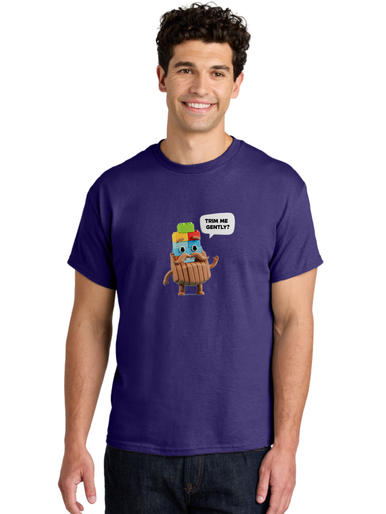 Trim-Me-Gently-5 Men'S Graphic Tee, 100% Cotton, Comfortable Casual Summer Wear, Machine Washable, Funny Character, Lego Figure, Cartoon Style, Humorous Mustache, Comedic Expression, Quirky Personality, Playful Design, Building Blocks, Bad866