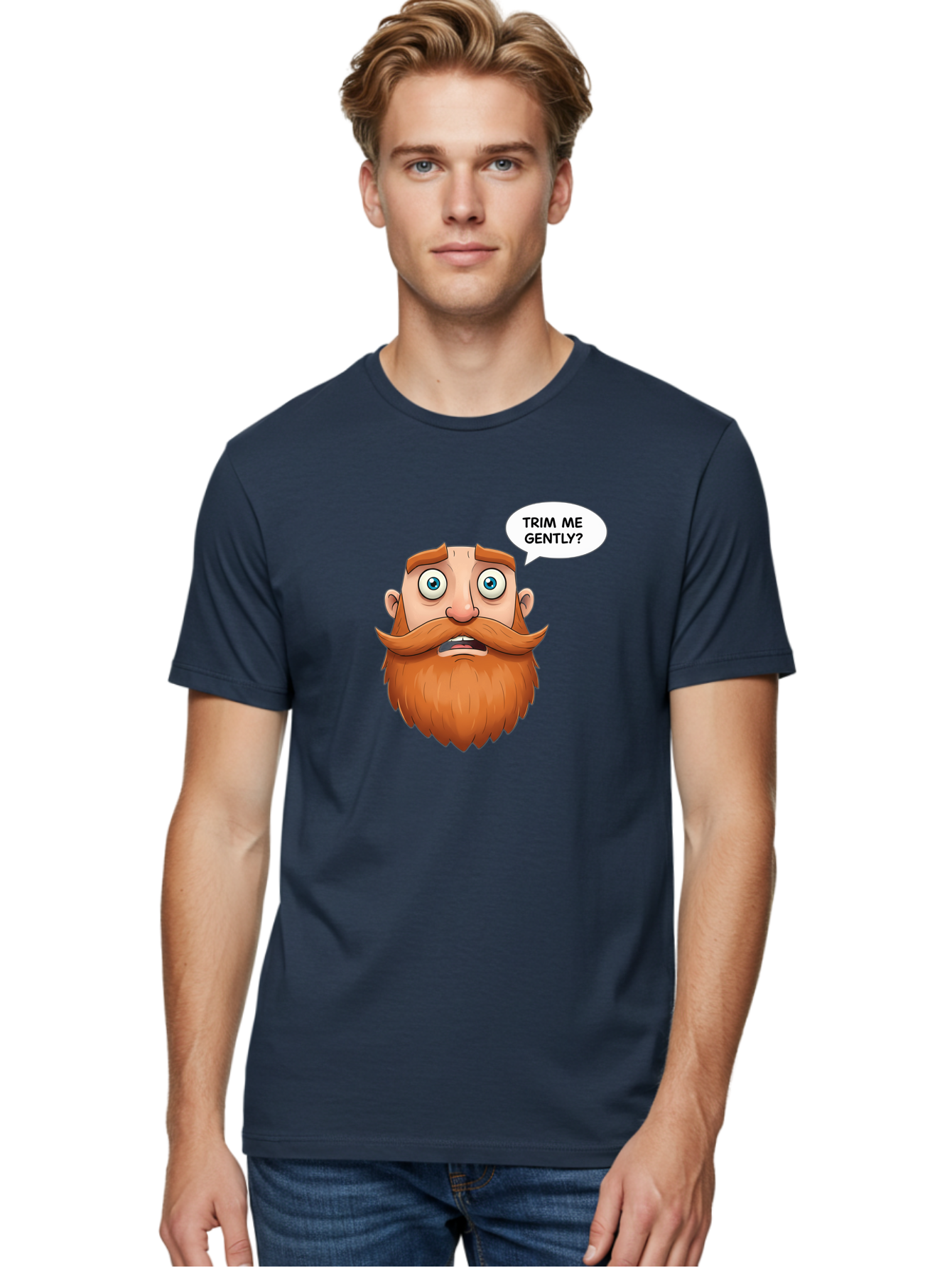 Trim-Me-Gently Men'S Graphic Tee, 100% Cotton, Comfortable Casual Summer Wear, Machine Washable, Cartoon Man With Large Beard, Funny Character, Humorous Illustration, Comedic Expression, Mustache And Beard, Gentle Trim Request, Cartoon Style, Bad867