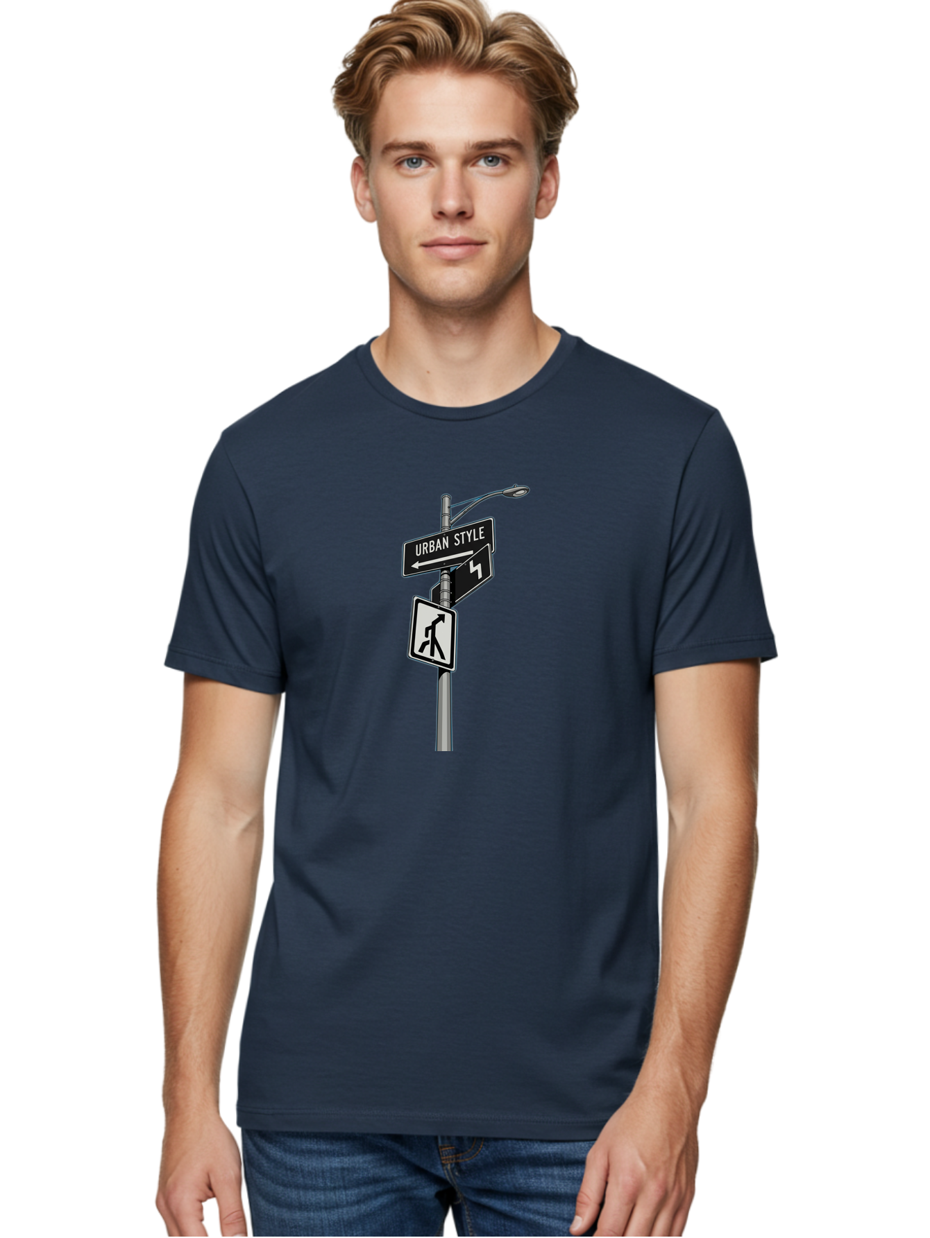 Urban-Style-5 Men'S Graphic Tee, 100% Cotton, Comfortable Casual Summer Wear, Machine Washable, Street Signs, Urban Direction, Street Style, Black And White, Directional Signs, City Life, Pedestrian Crossing, Street Lamp Bad876