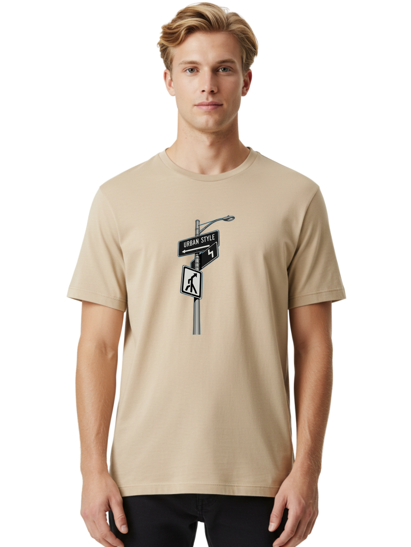Urban-Style-5 Men'S Graphic Tee, 100% Cotton, Comfortable Casual Summer Wear, Machine Washable, Street Signs, Urban Direction, Street Style, Black And White, Directional Signs, City Life, Pedestrian Crossing, Street Lamp Bad876