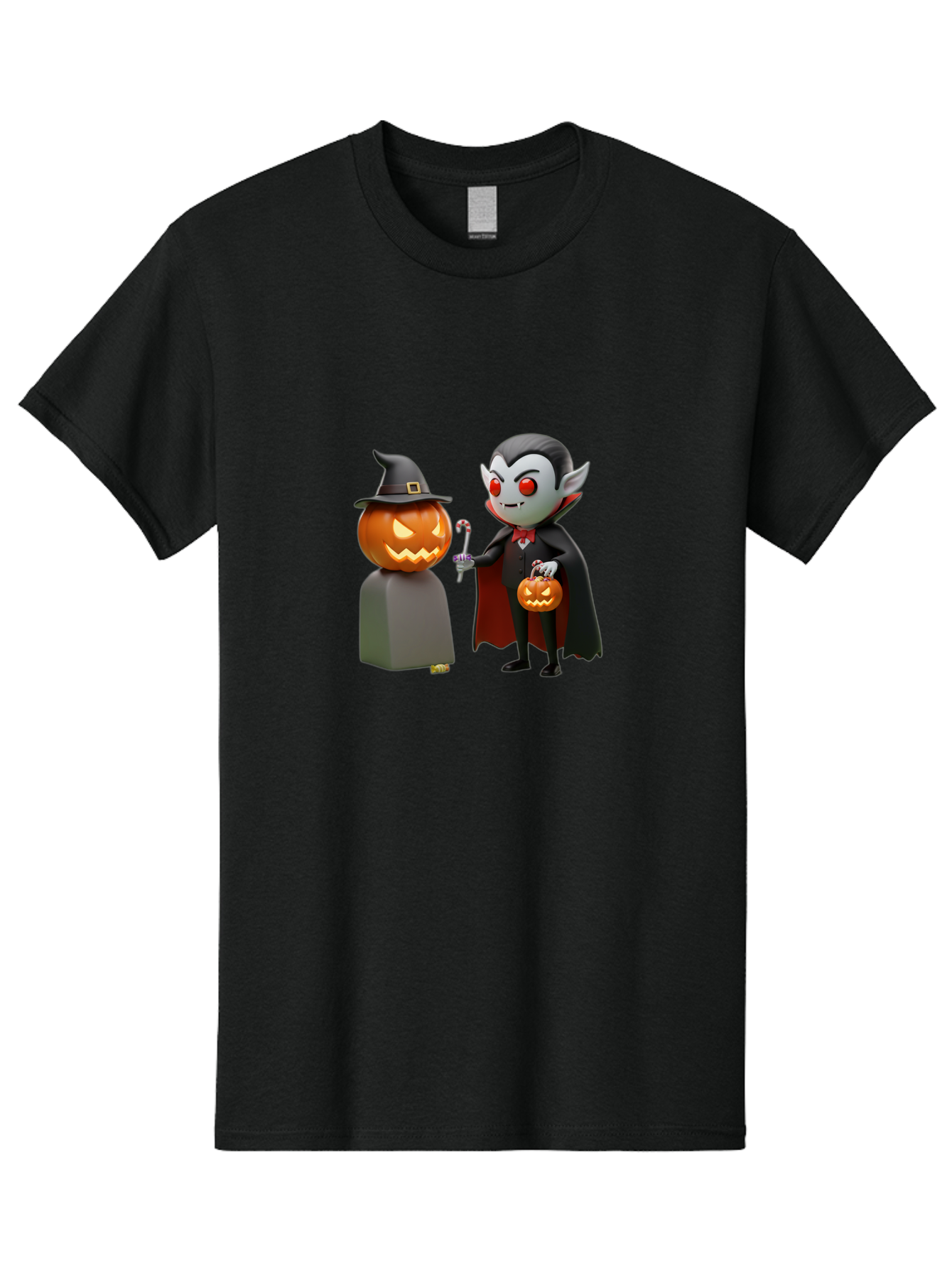 Vampire-And-Jack-O-Lantern Men'S Graphic Tee, 100% Cotton, Comfortable Casual Summer Wear, Machine Washable, Vampire Character, Jack-O-Lantern, Halloween Theme, Cartoon Style, Spooky Atmosphere, 3D Illustration, Trick Or Treat, Gothic, Fantasy Bad879