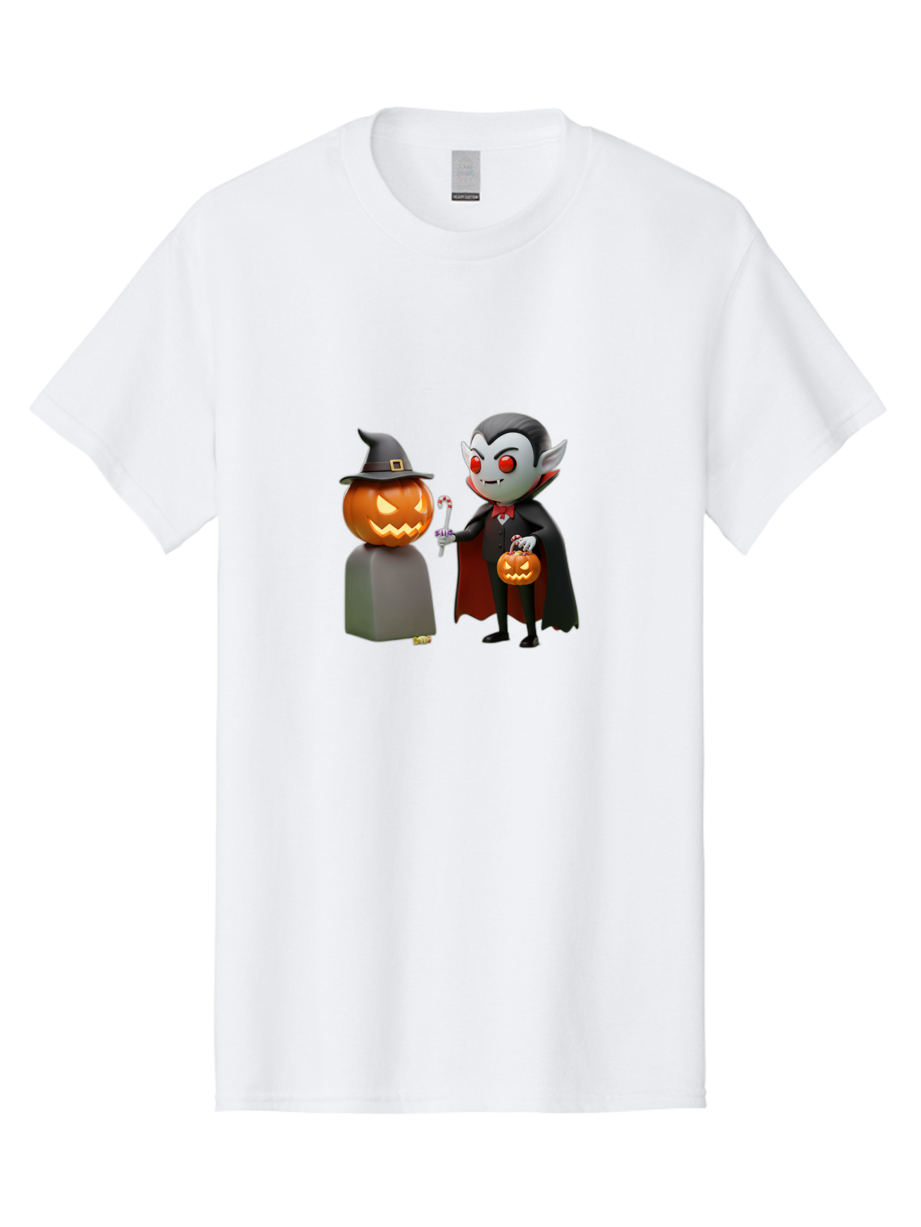 Vampire-And-Jack-O-Lantern Men'S Graphic Tee, 100% Cotton, Comfortable Casual Summer Wear, Machine Washable, Vampire Character, Jack-O-Lantern, Halloween Theme, Cartoon Style, Spooky Atmosphere, 3D Illustration, Trick Or Treat, Gothic, Fantasy Bad879