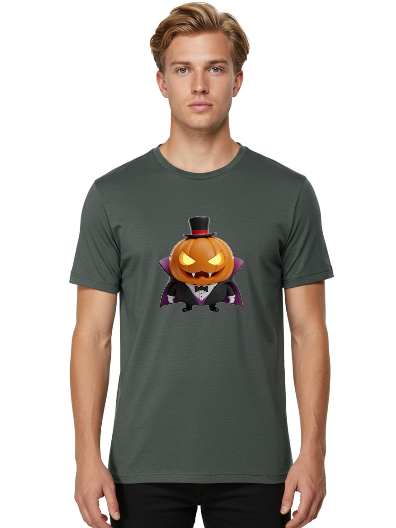 Vampire-Jack-O-Lantern Men'S Graphic Tee, 100% Cotton, Comfortable Casual Summer Wear, Machine Washable, Vampire Jack-O-Lantern, Halloween Character, Cartoon Pumpkin, Fangs, Top Hat, Tuxedo, Cape, Spooky, Halloween Decor, Autumnal Theme, Bad880