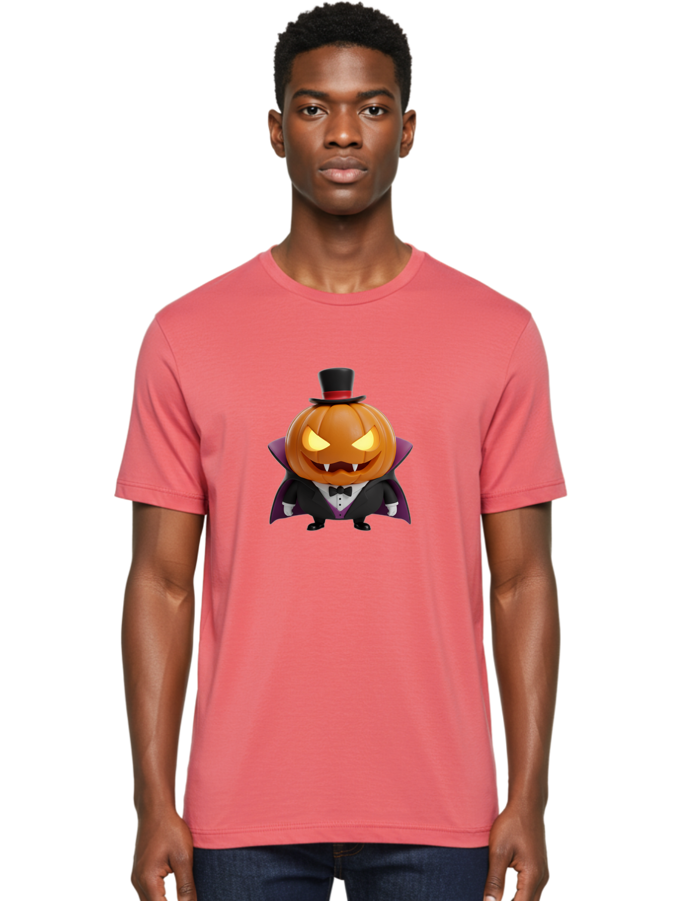 Vampire-Jack-O-Lantern Men'S Graphic Tee, 100% Cotton, Comfortable Casual Summer Wear, Machine Washable, Vampire Jack-O-Lantern, Halloween Character, Cartoon Pumpkin, Fangs, Top Hat, Tuxedo, Cape, Spooky, Halloween Decor, Autumnal Theme, Bad880
